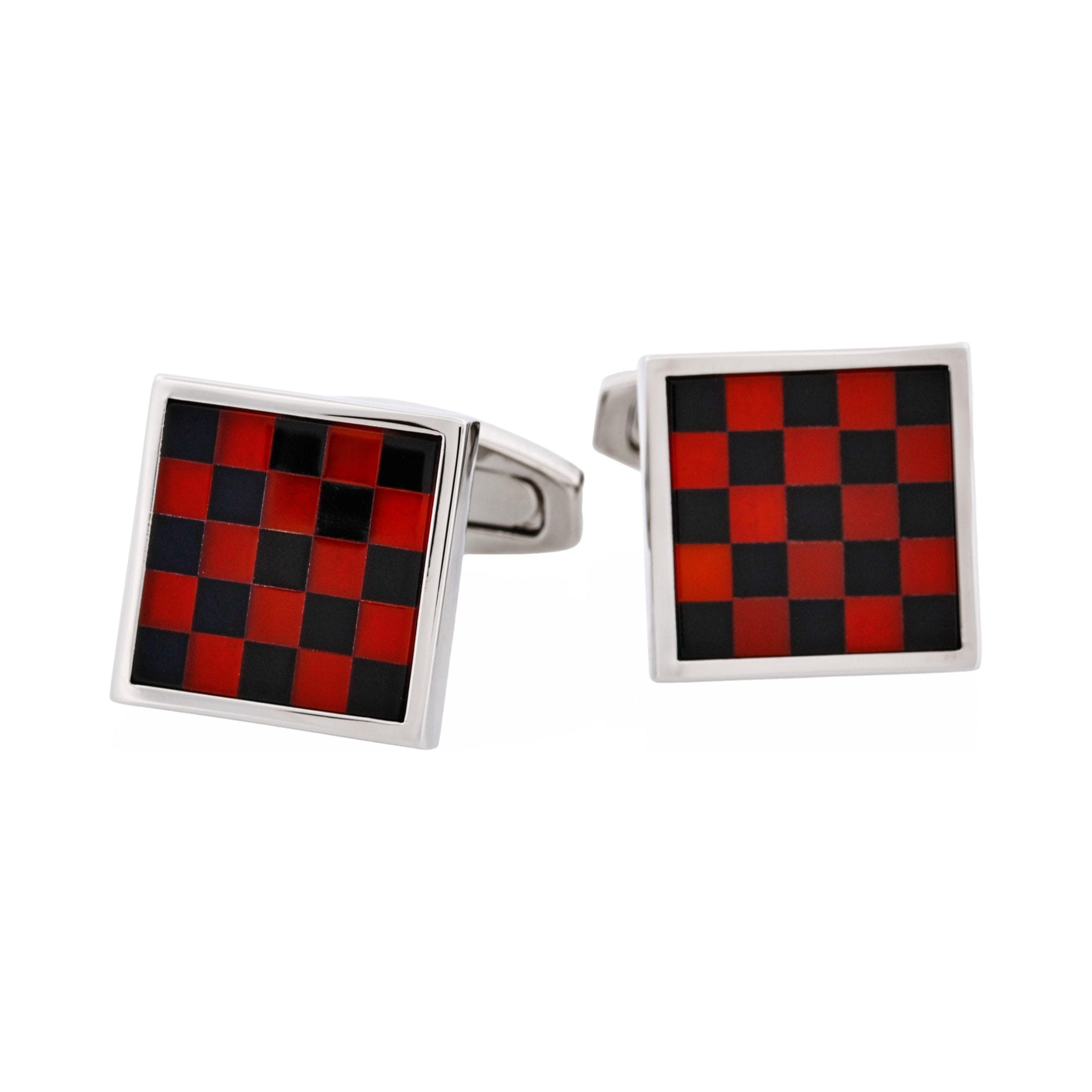 Polished Rhodium Plated Red Agate & Onyx Check Round Cufflinks