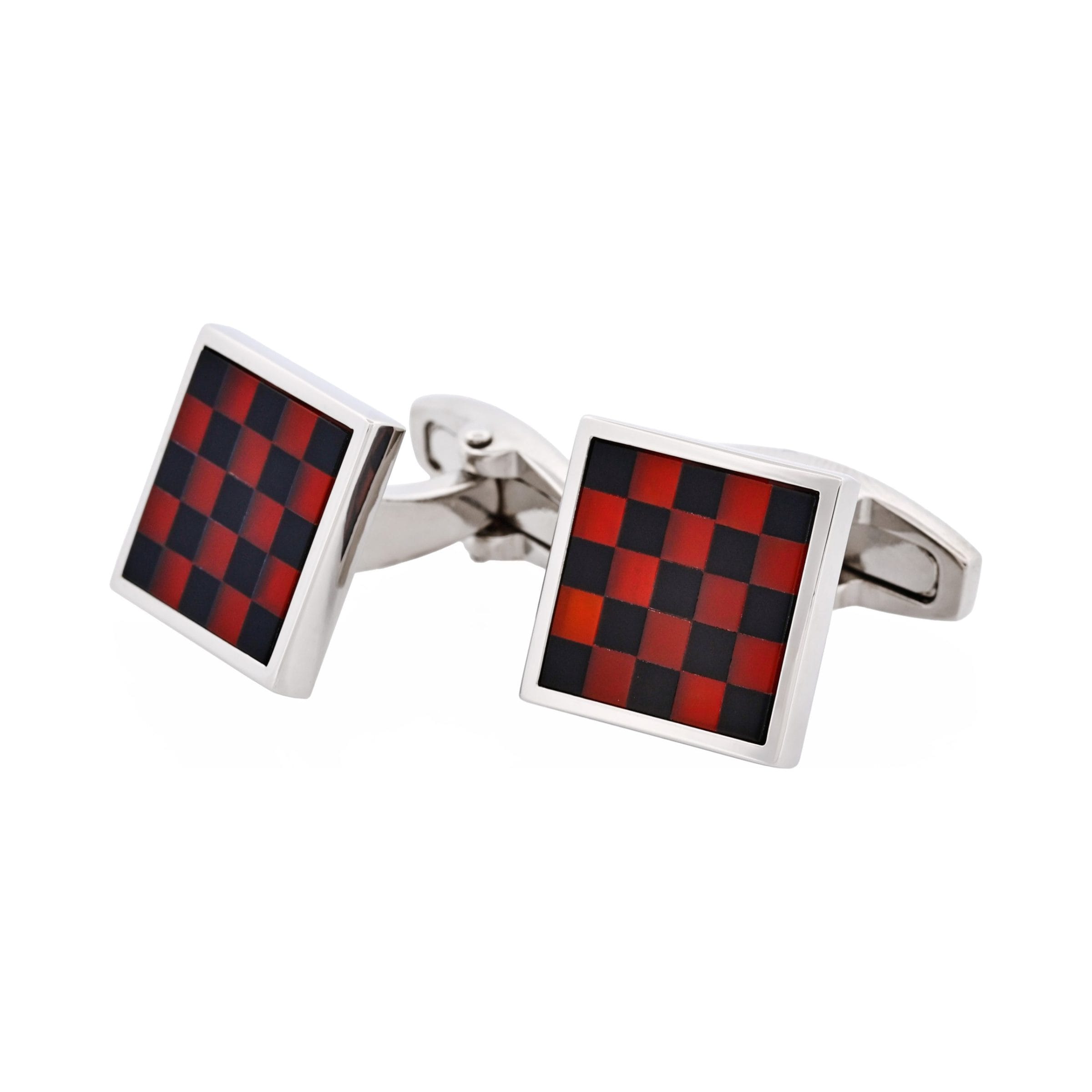 Polished Rhodium Plated Red Agate & Onyx Check Round Cufflinks