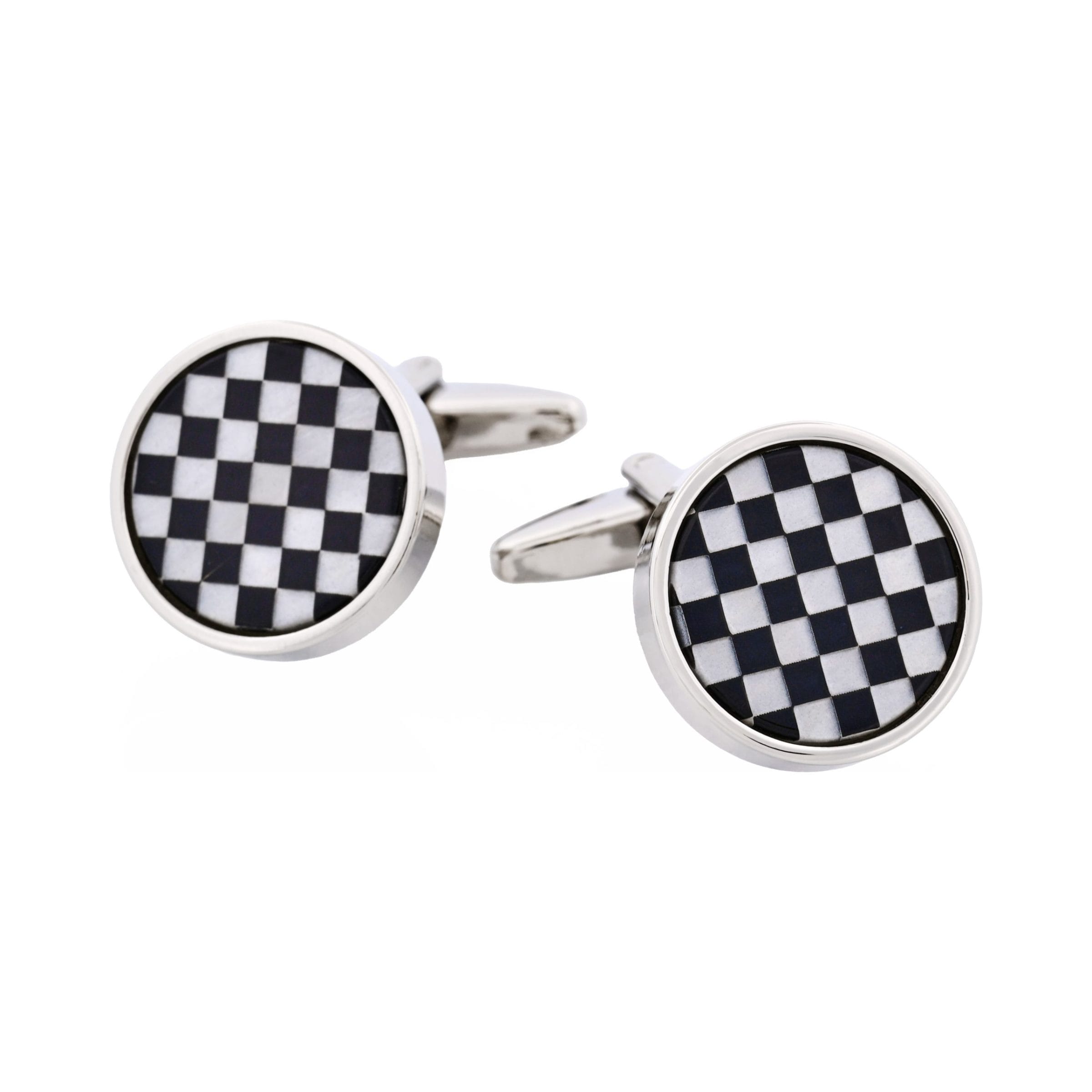 Polished Rhodium Plated Onyx & Mother Of Pearl Check Round Cufflinks