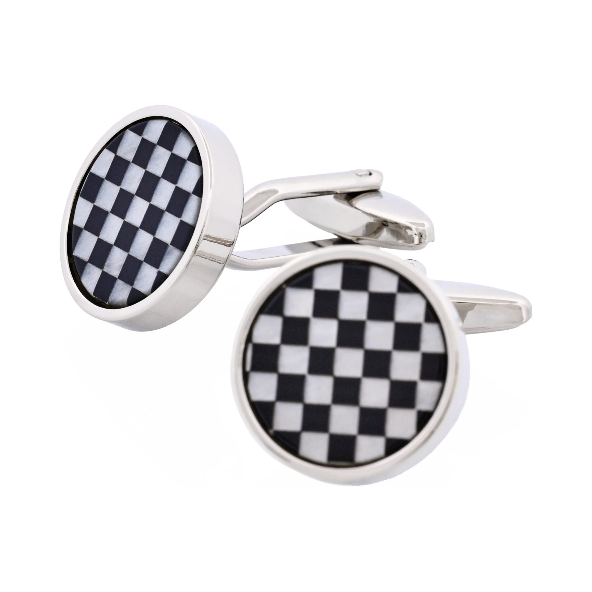 Polished Rhodium Plated Onyx & Mother Of Pearl Check Round Cufflinks