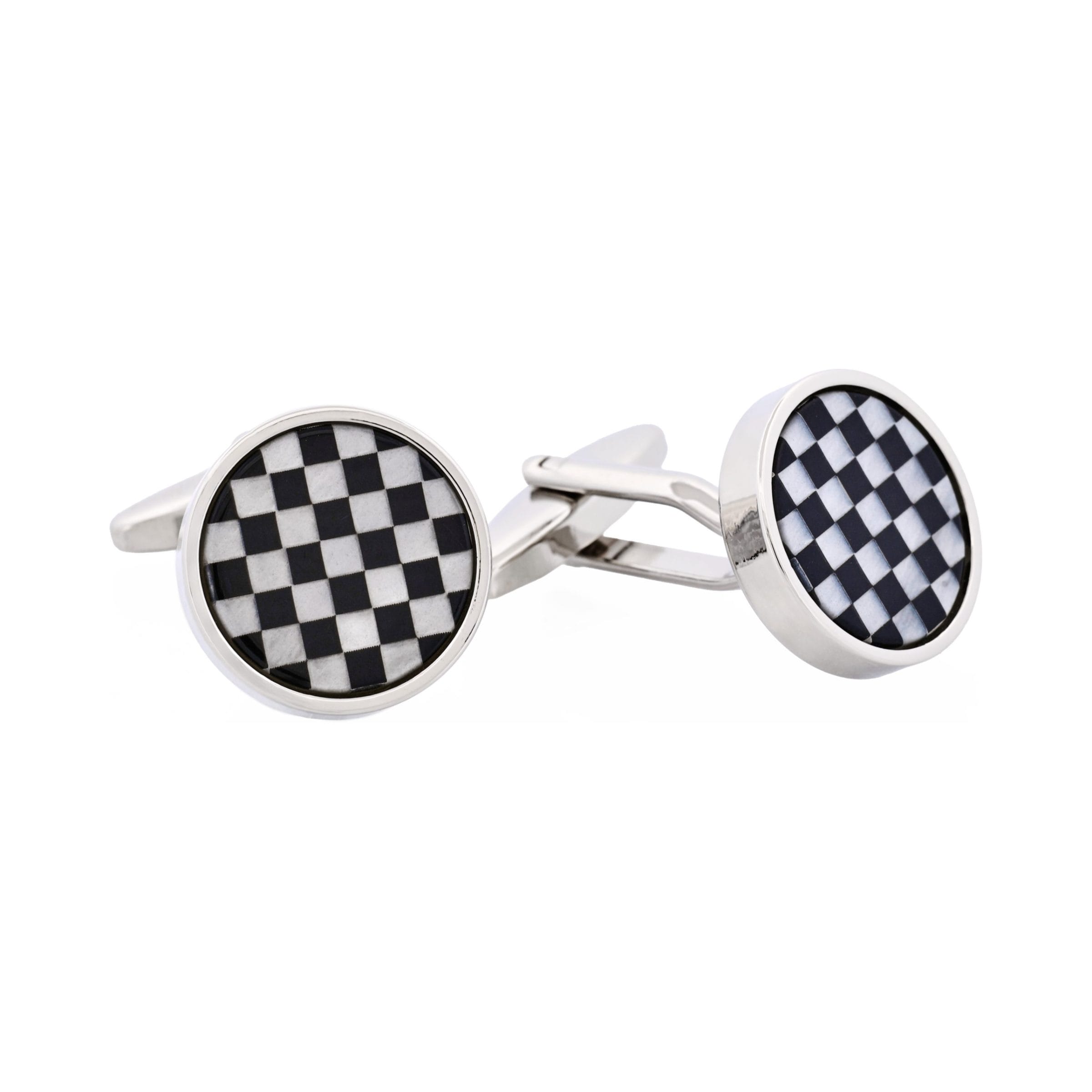 Polished Rhodium Plated Onyx & Mother Of Pearl Check Round Cufflinks