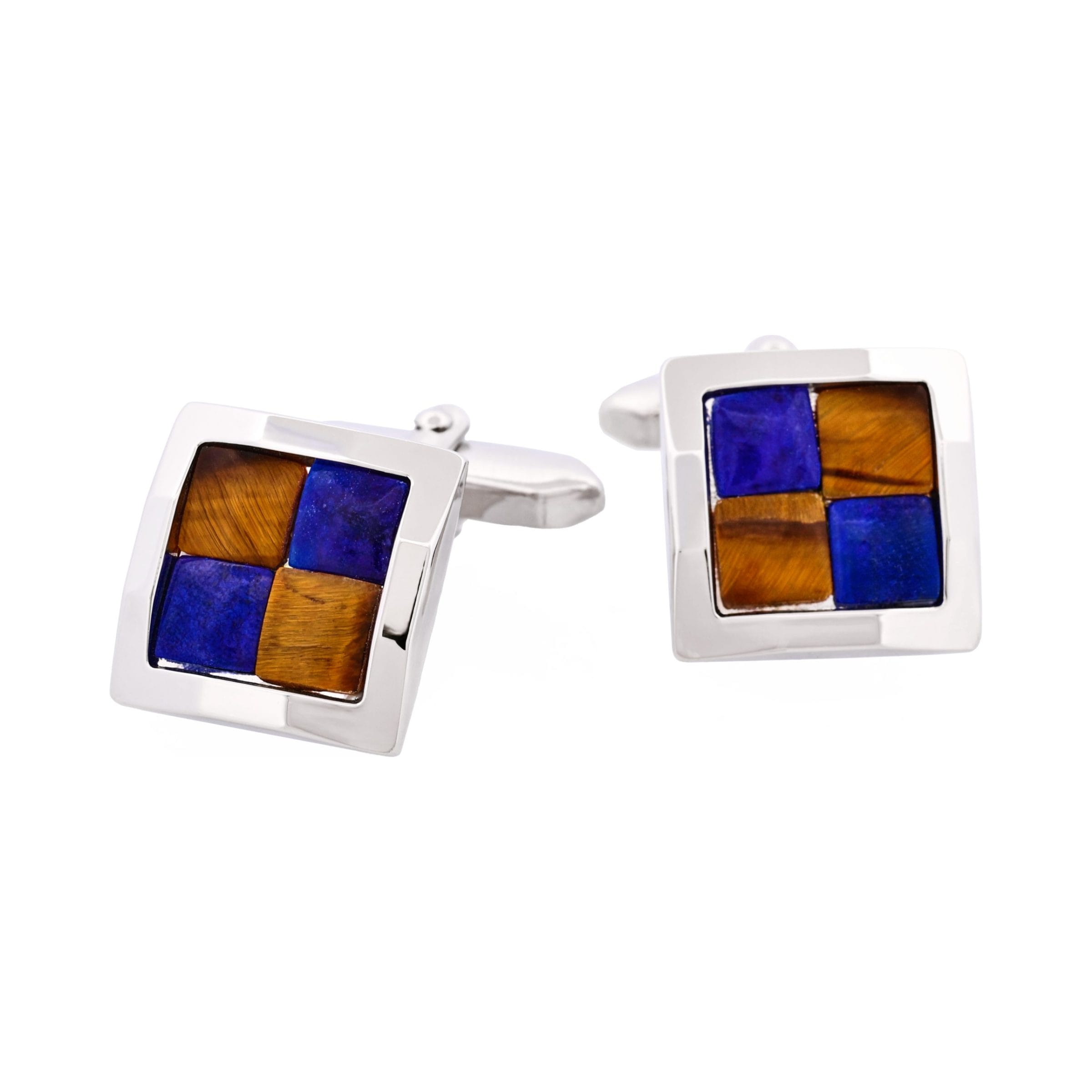 Rhodium Plated & Tiger Eye & Lapis Lazuli Check Cufflinks