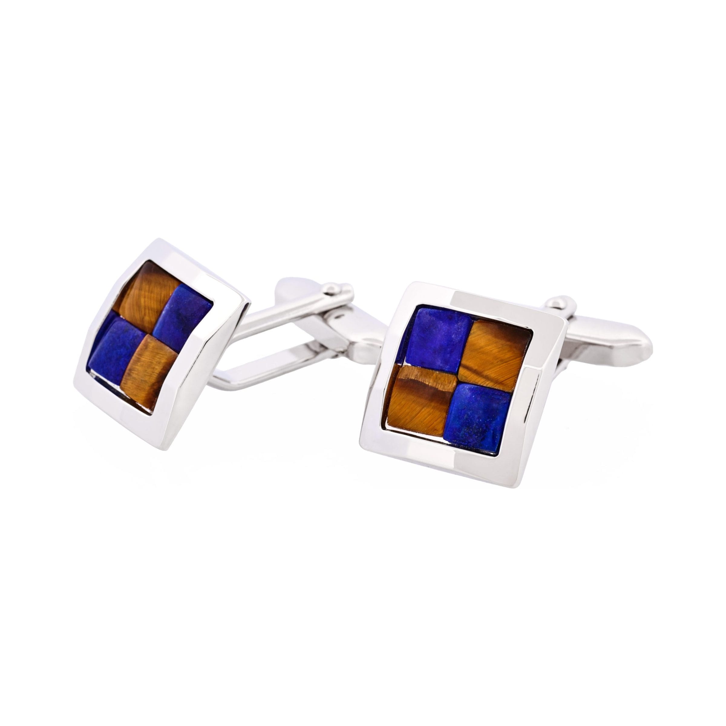 Rhodium Plated & Tiger Eye & Lapis Lazuli Check Cufflinks