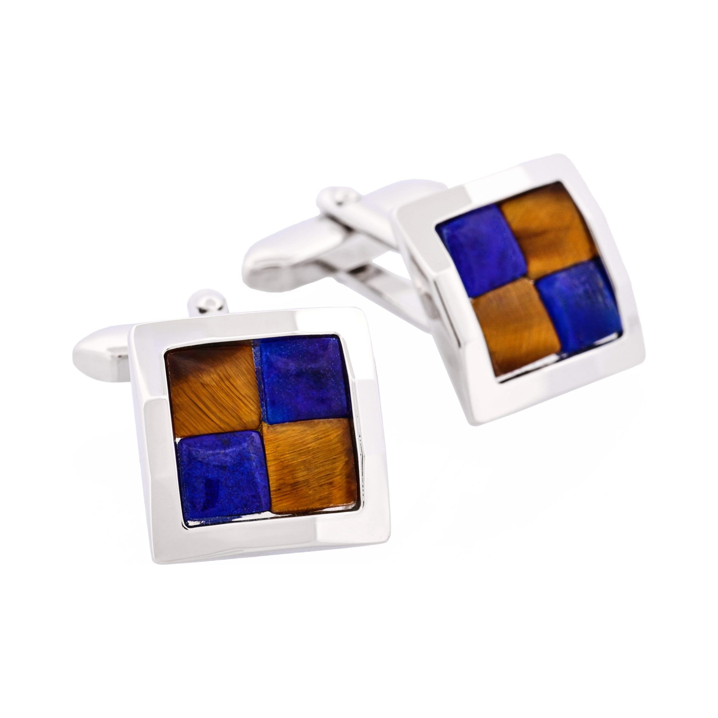 Rhodium Plated & Tiger Eye & Lapis Lazuli Check Cufflinks