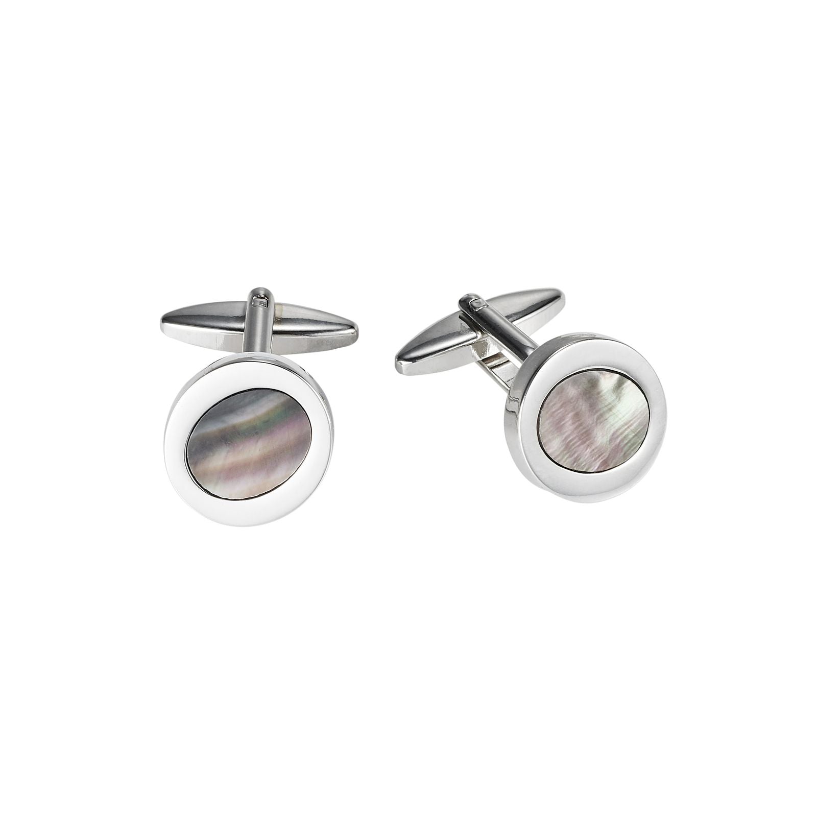 Polished Rhodium Plated Round Cufflinks with An Oval Grey Mother Of Pearl Inlay