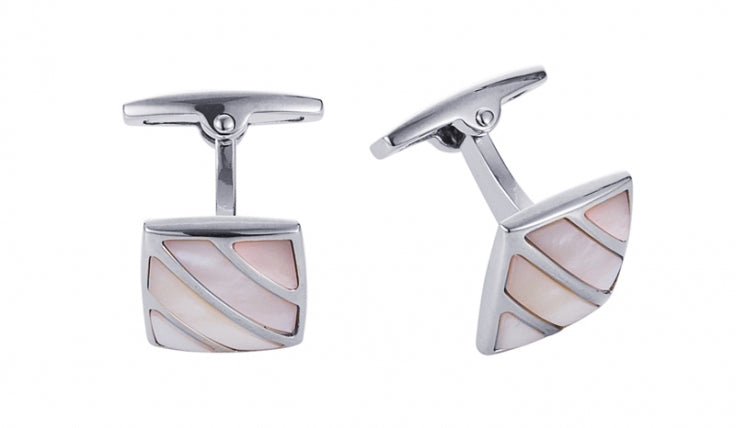 Polished Rhodium Stripe Pink Mother Of Pearl Cufflinks
