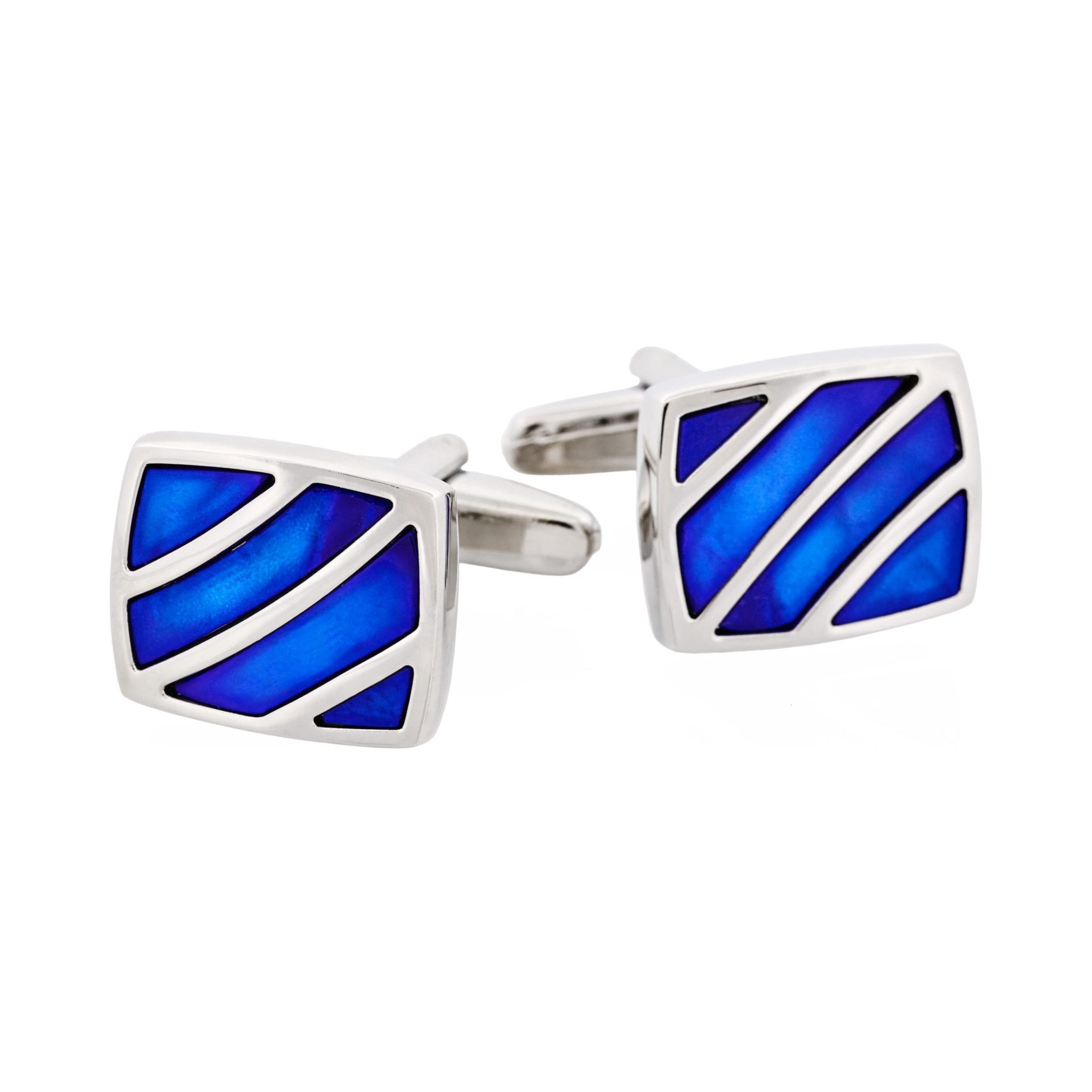 Polished Rhodium Stripe Blue Mother Of Pearl Cufflinks