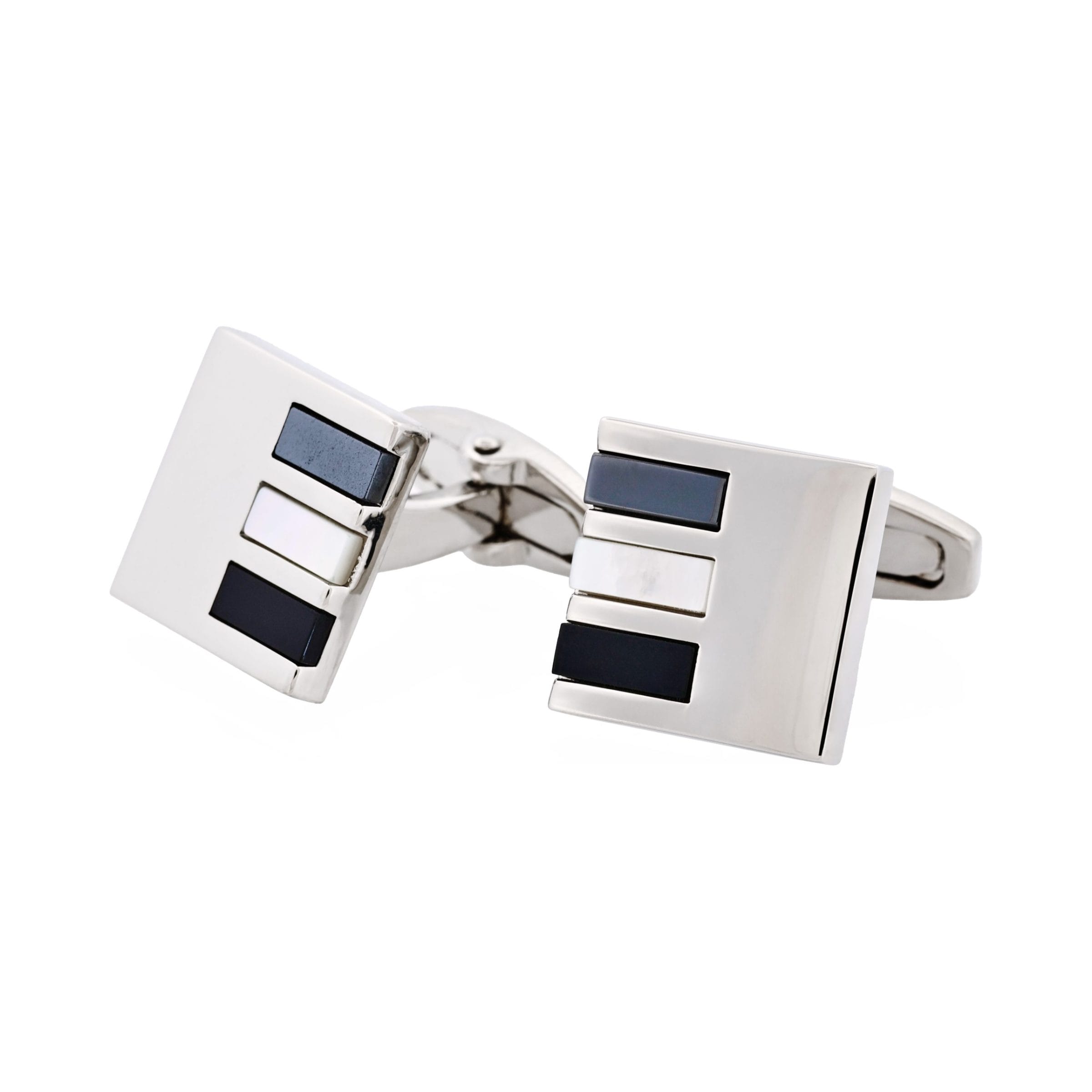 Polished Rhodium Square with Hematite & Mother Of Pearl & Onyx Cufflinks