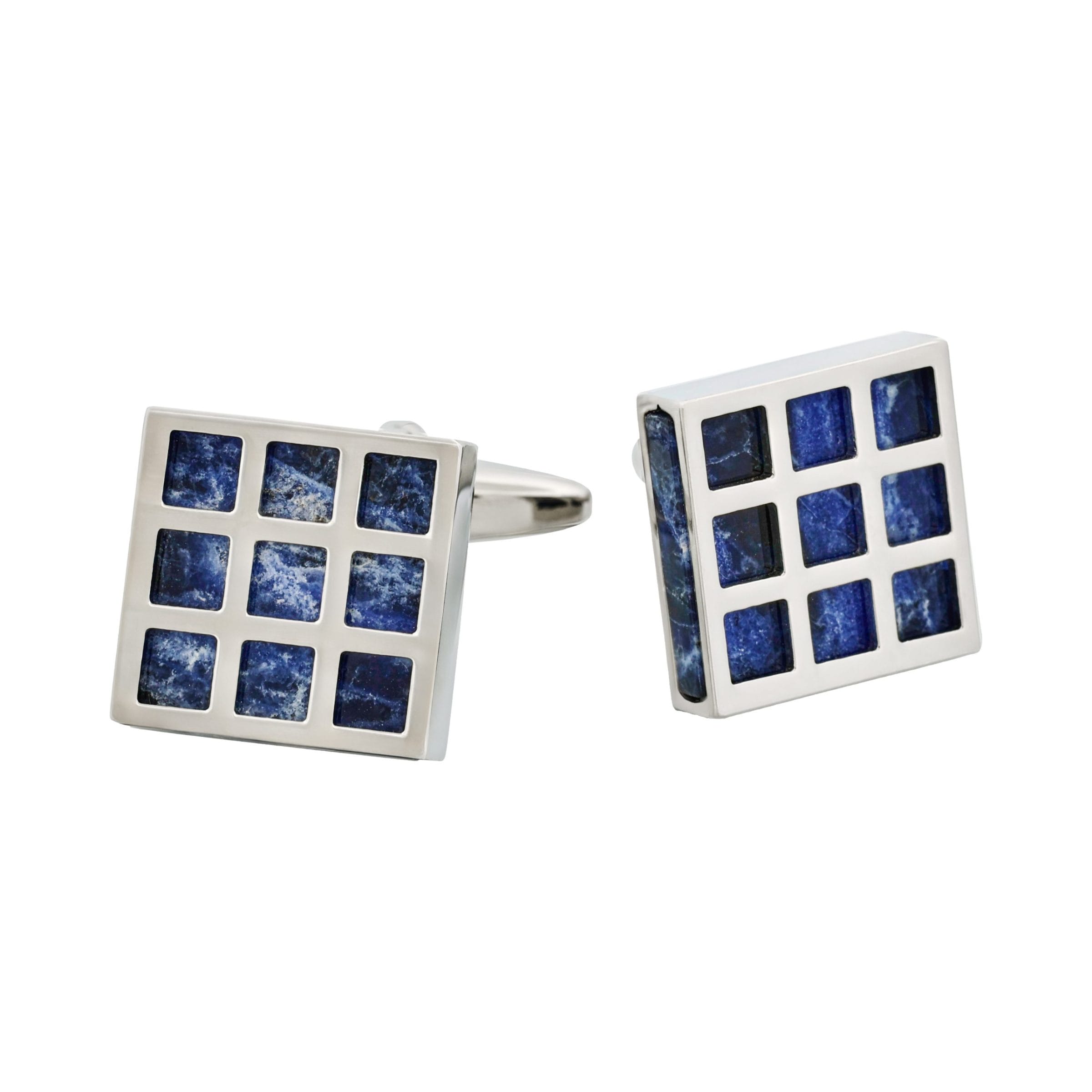 Rhodium Plated Square Patterned Lapis Lazuli Cufflinks