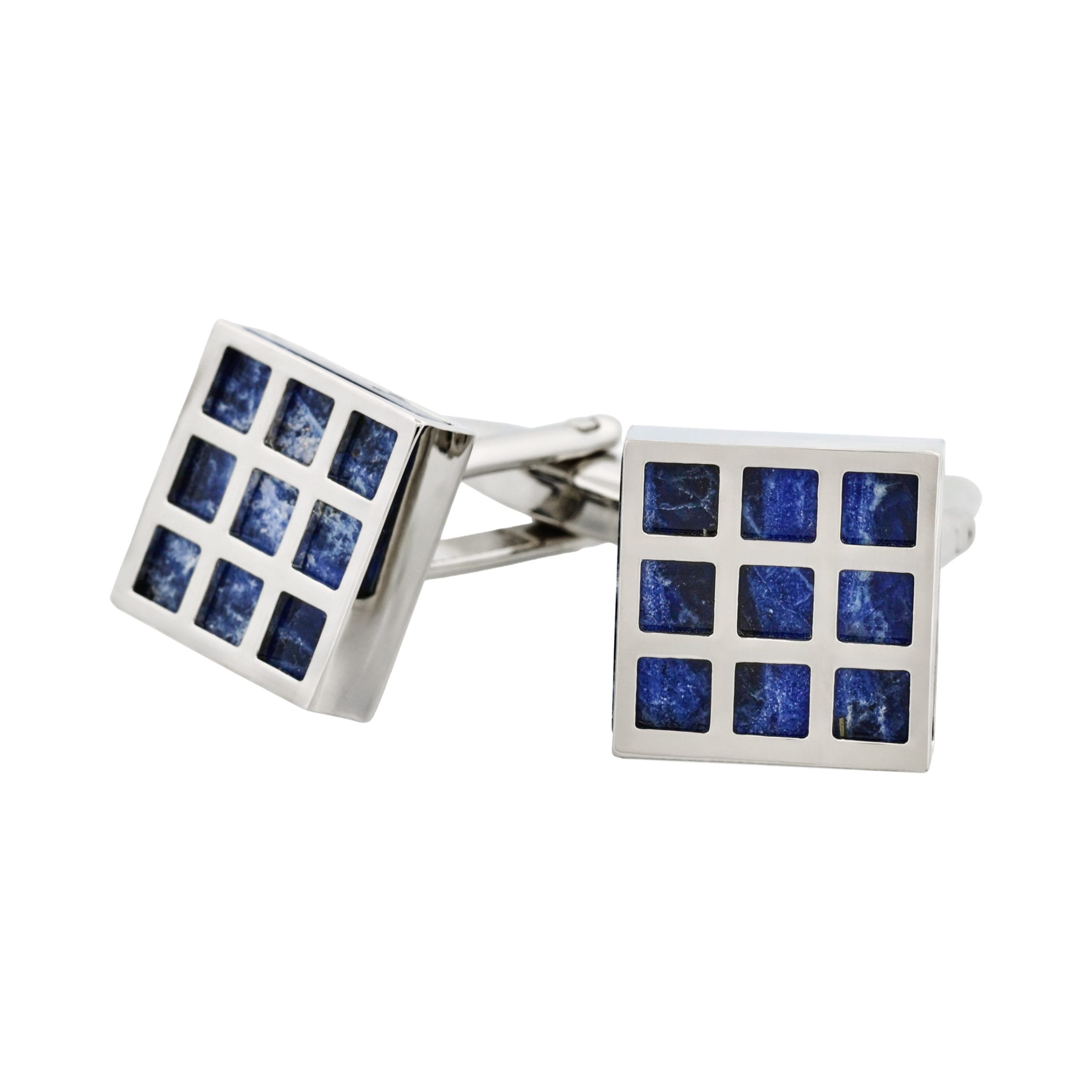 Rhodium Plated Square Patterned Lapis Lazuli Cufflinks