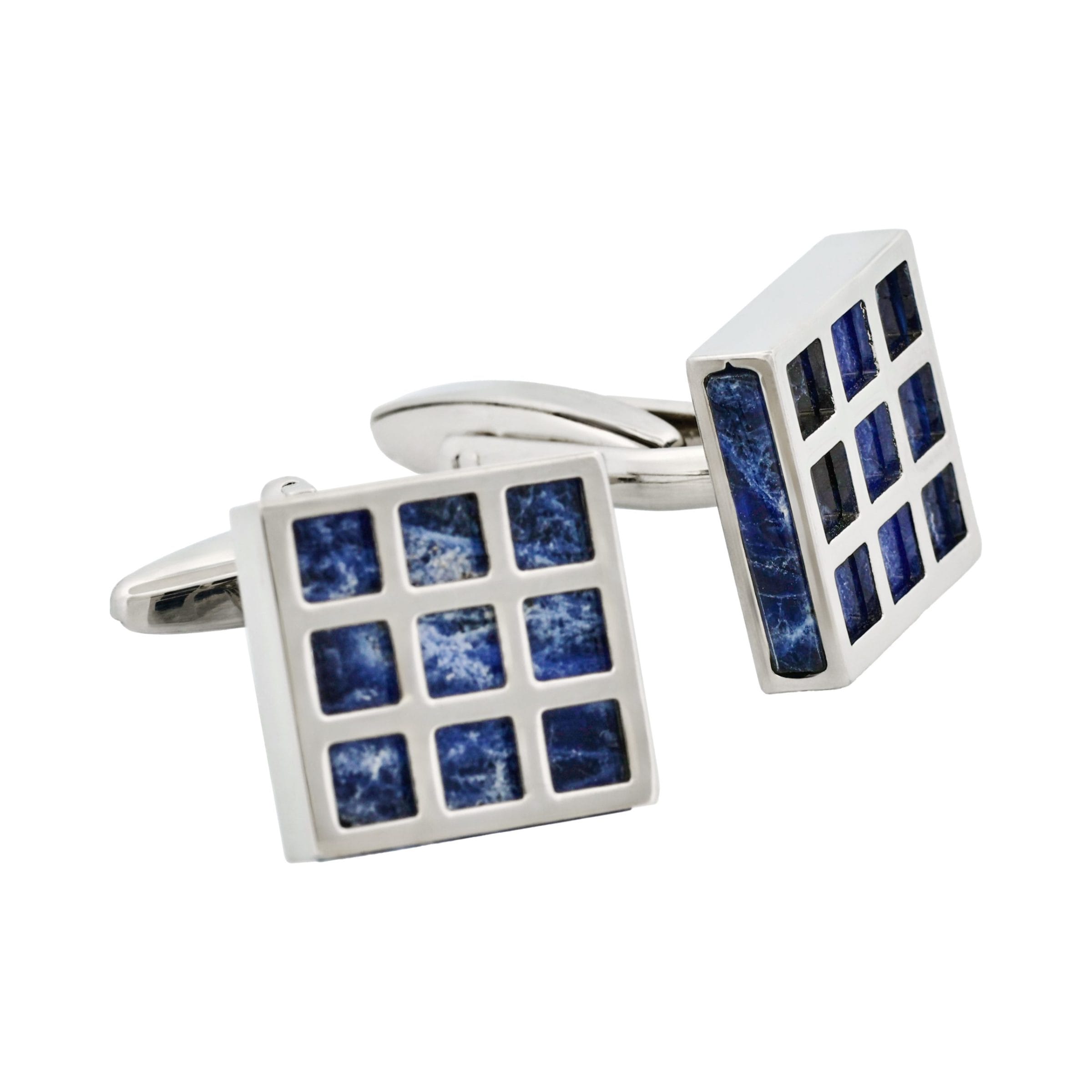 Rhodium Plated Square Patterned Lapis Lazuli Cufflinks
