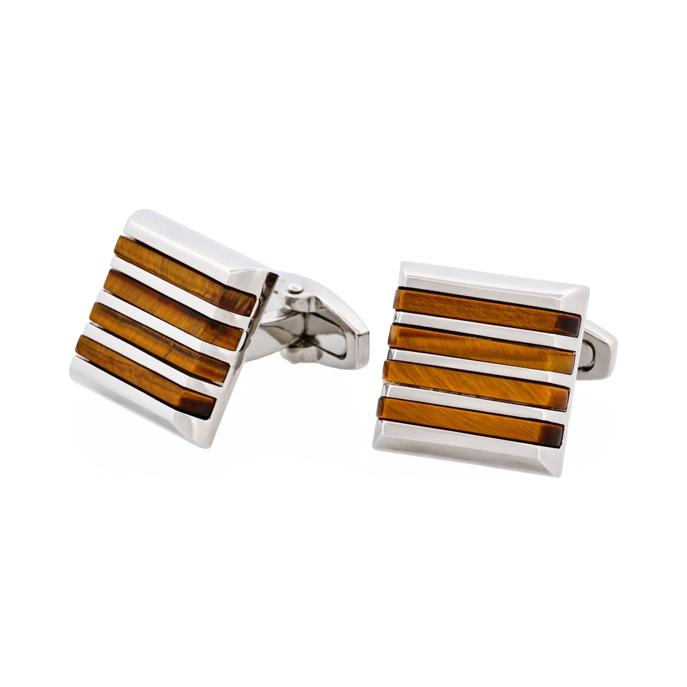 Polished Rhodium Plated Square Cufflinks with 4 Tiger Eye Striped Inlays