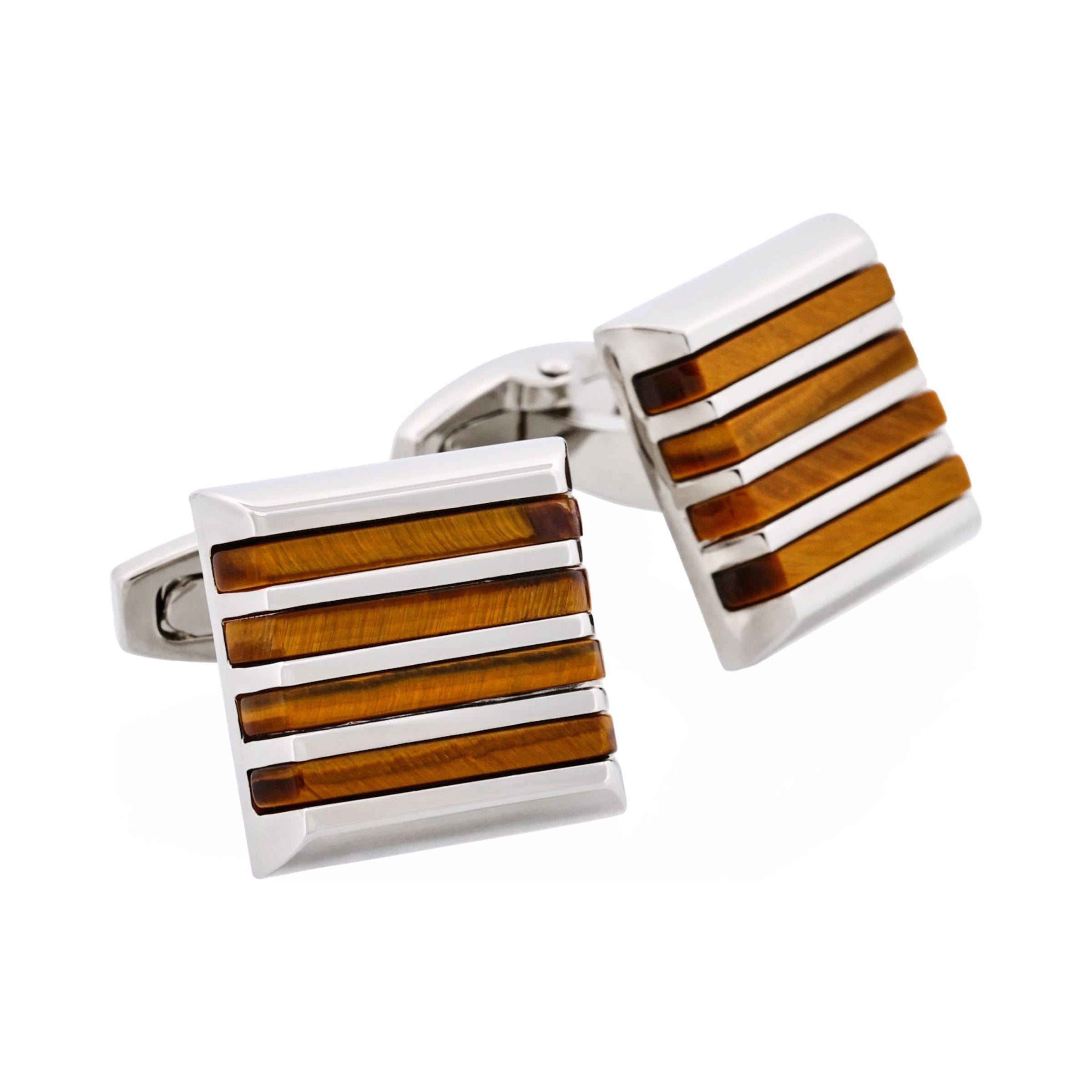 Polished Rhodium Plated Square Cufflinks with 4 Tiger Eye Striped Inlays