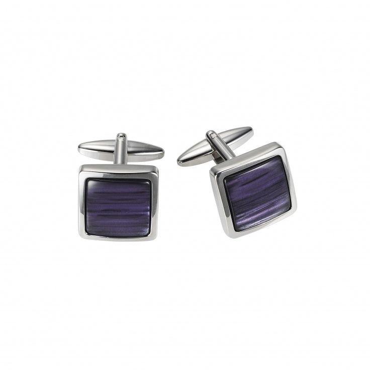 Polished Rhodium Plated Square Cufflinks with Purple Venetian Glass Resin Inlay