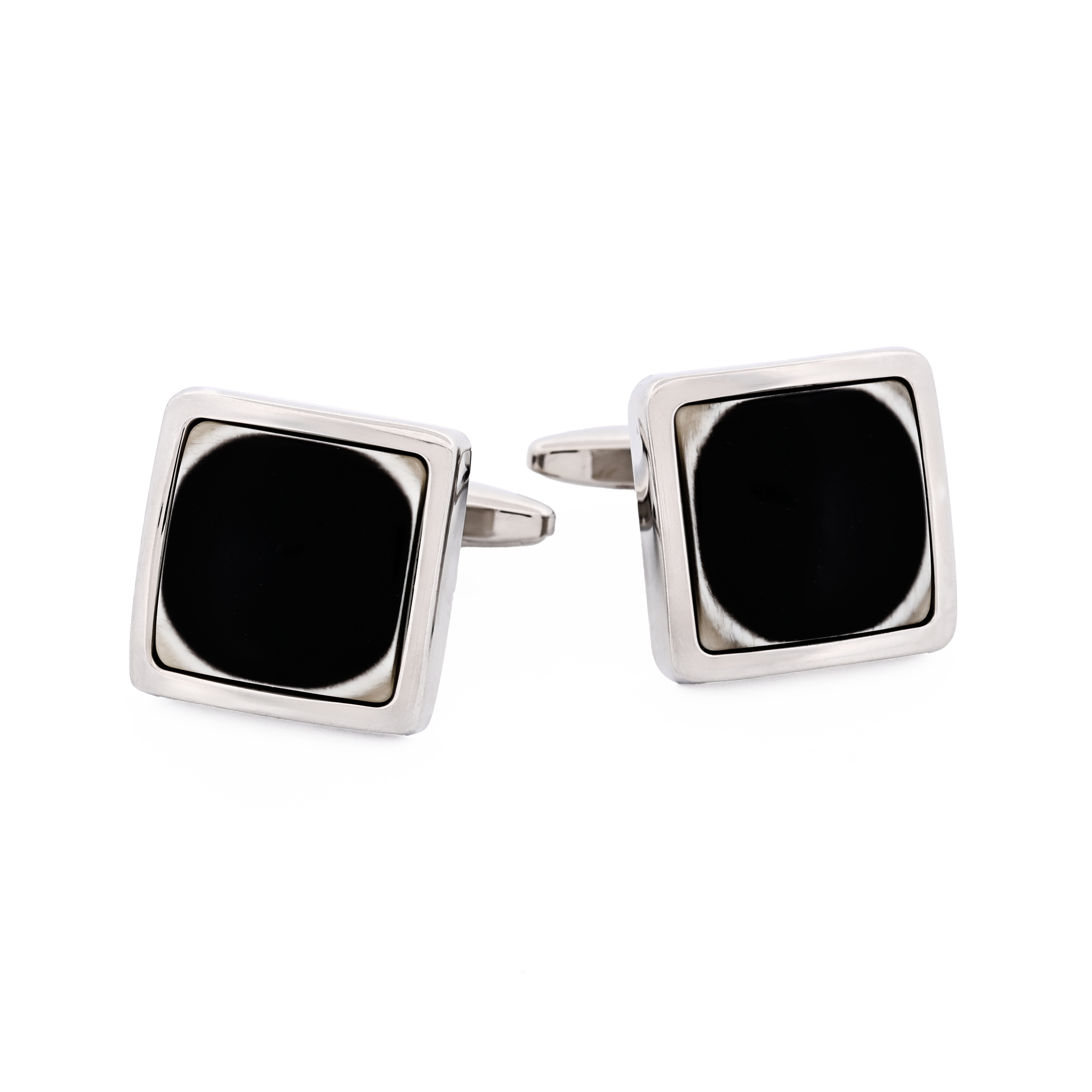 Polished Rhodium Plated Square Black & White Resin Cufflinks