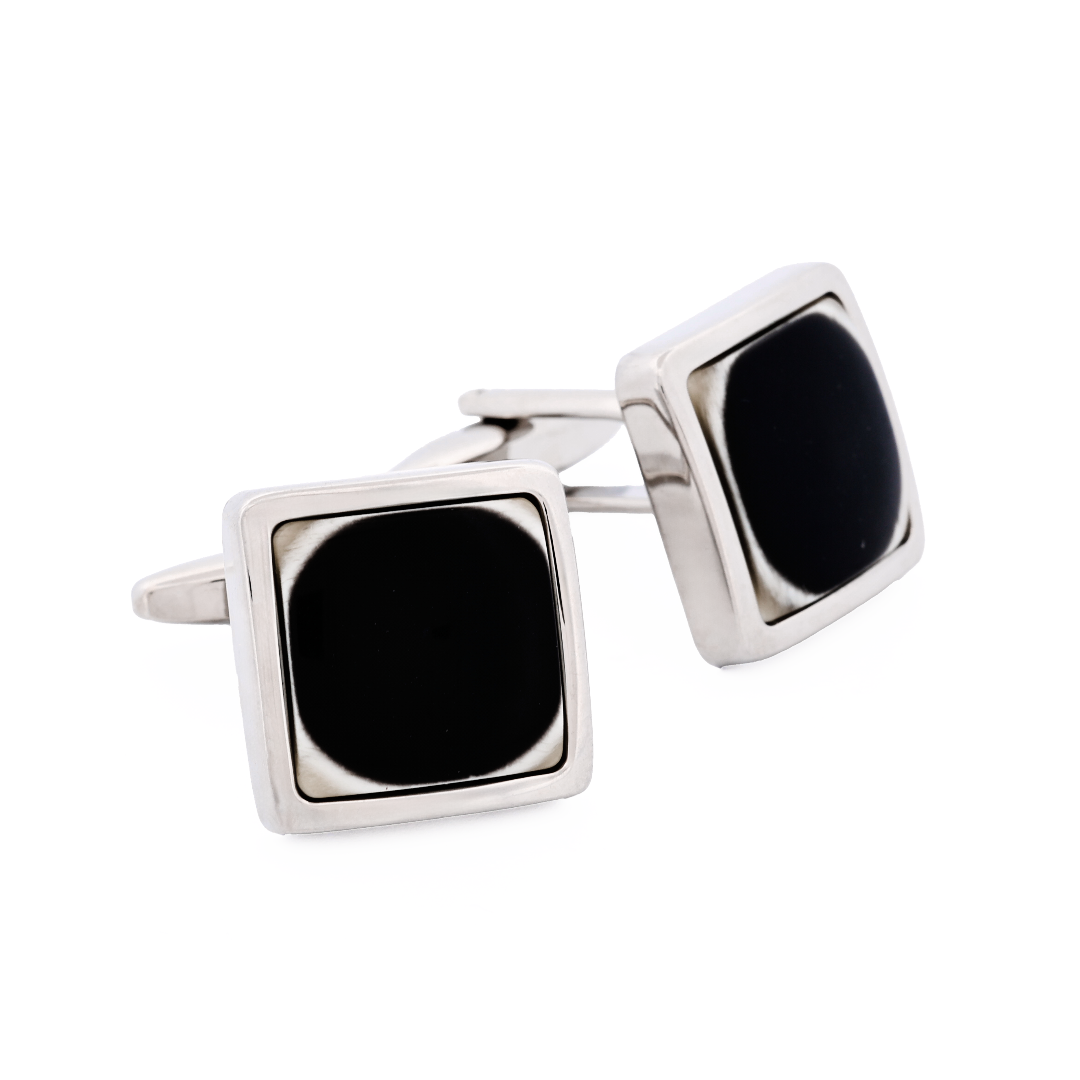 Polished Rhodium Plated Square Black & White Resin Cufflinks