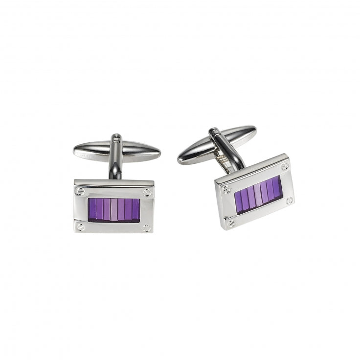 Polished Rhodium Plated Rectangle Cufflinks with Screw Details & Pink To Purple Enamel Inlay