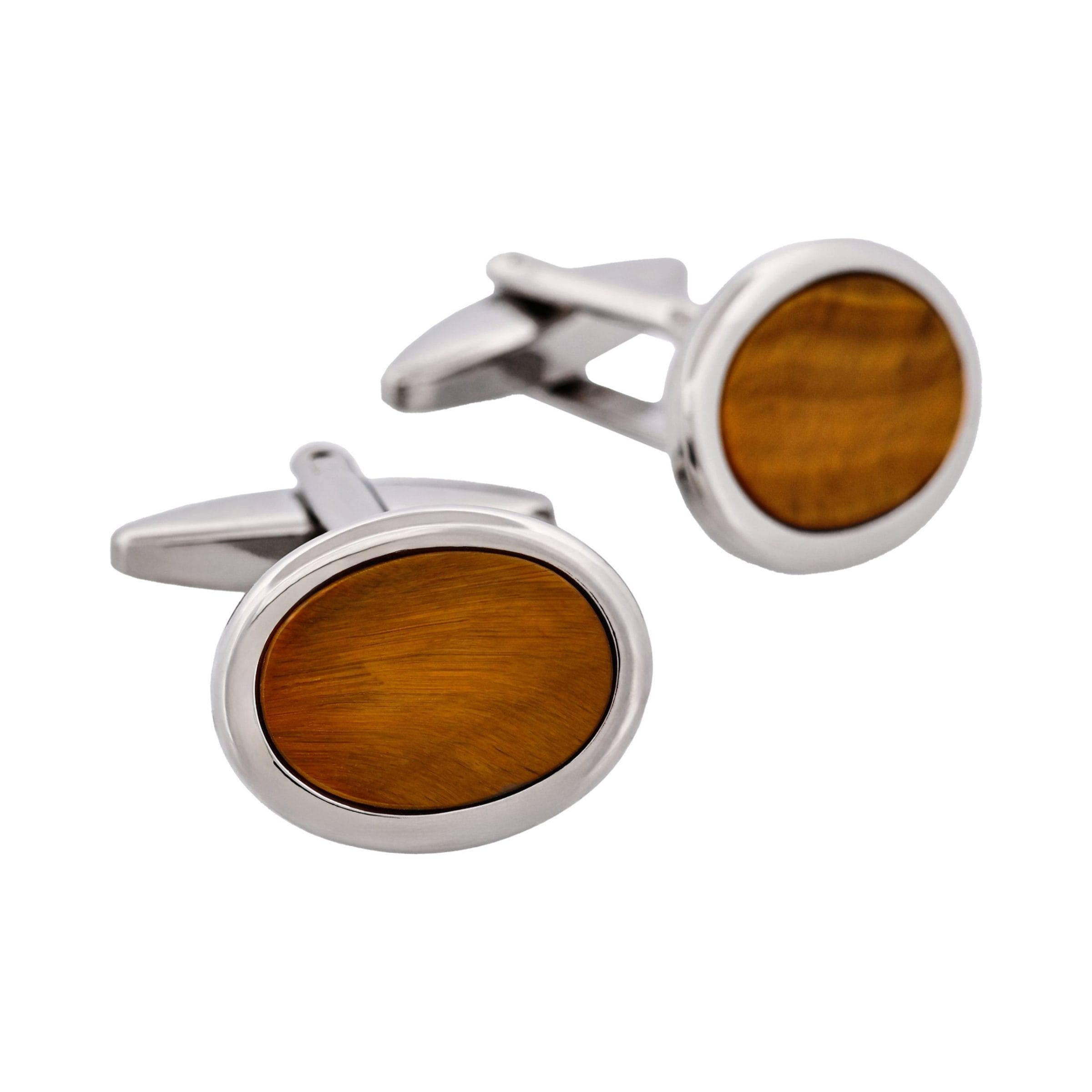 Rhodium Plated Tiger Eye Oval Cufflinks