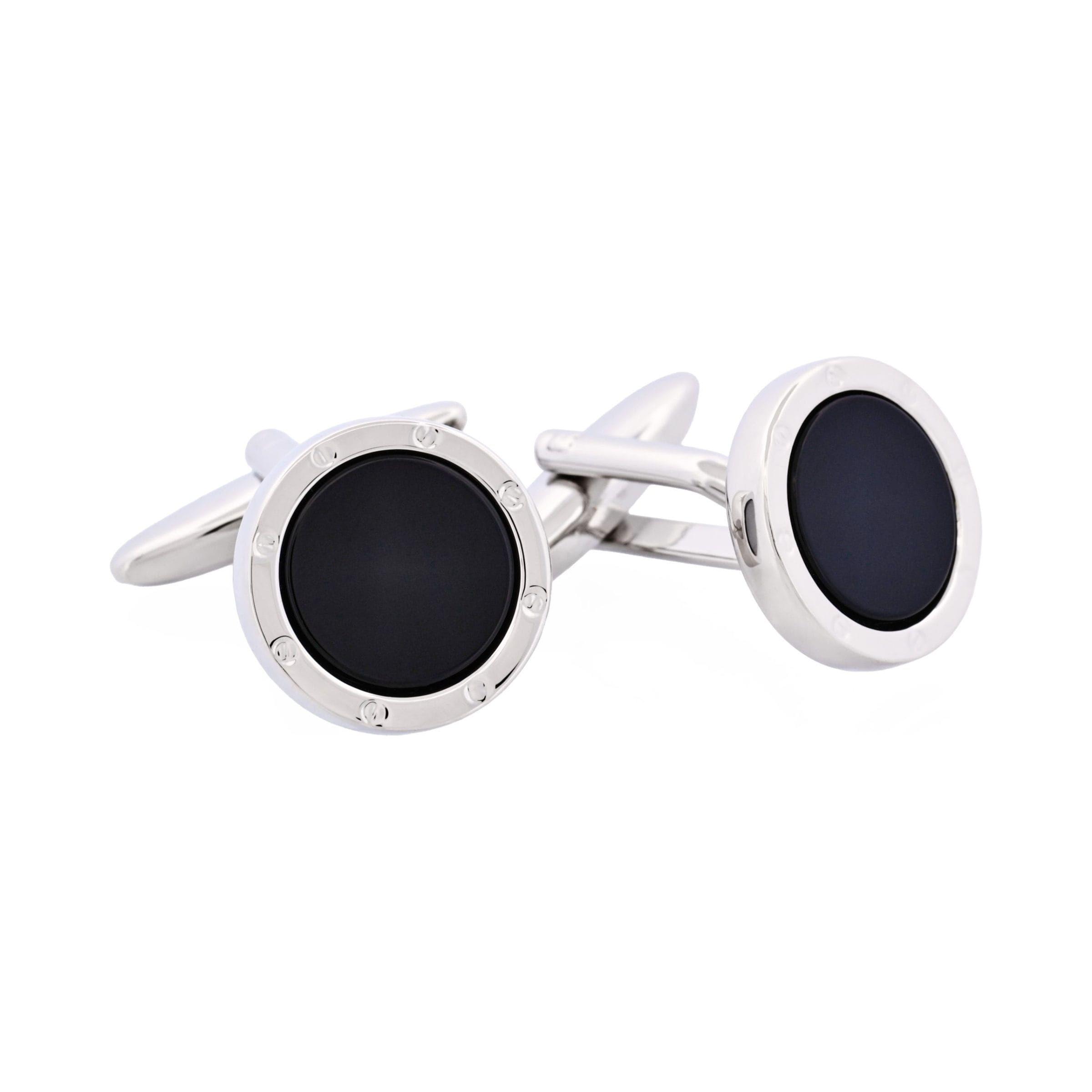 Rhodium Plated & Round Onyx Cufflinks with Screws