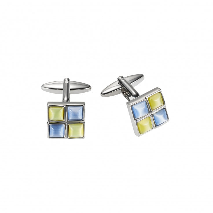 Polished Rhodium Plated Square Cufflinks with 2 Pale Blue & 2 Yellow Cat's Eye Inlays