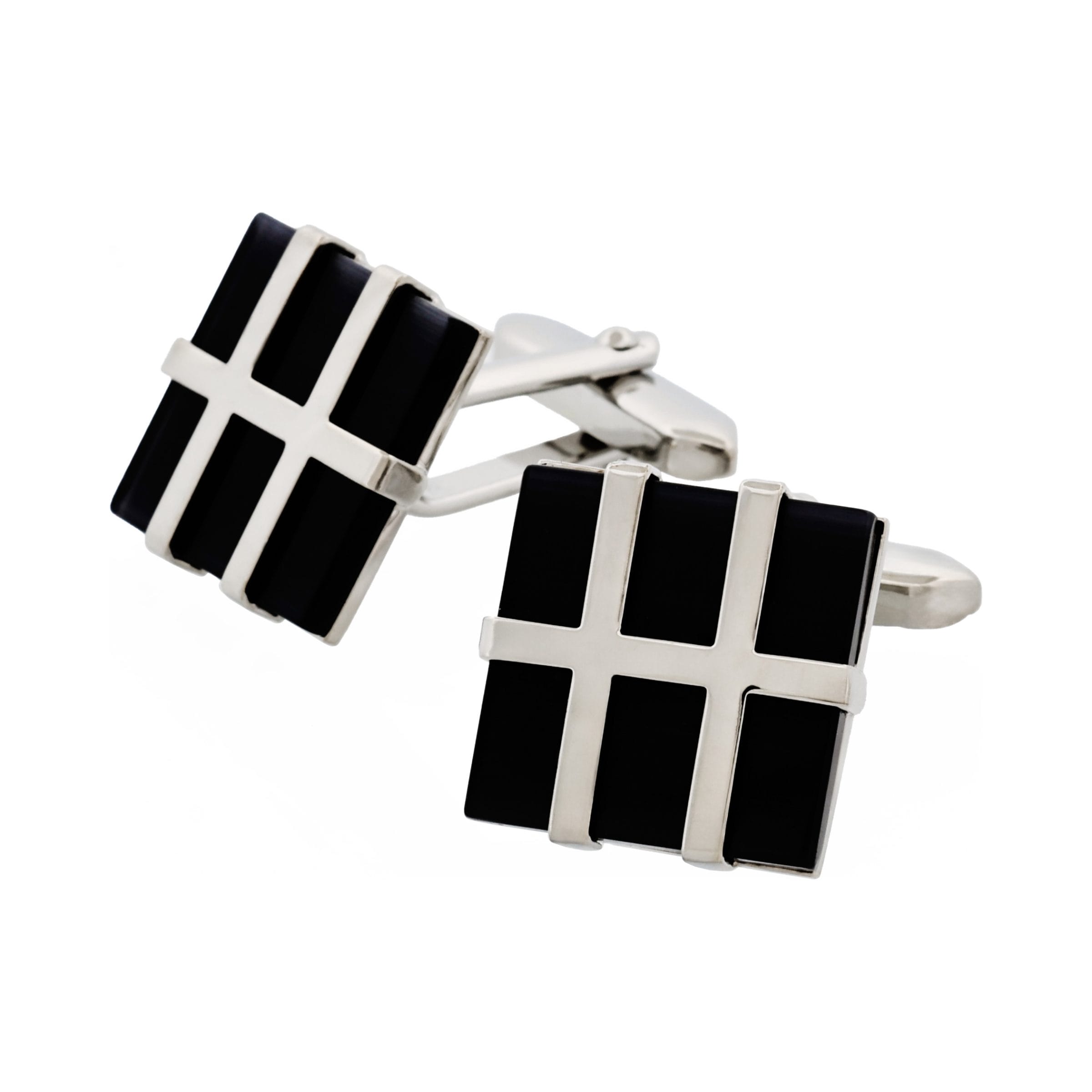 Rhodium Plated Grid Pattern & Black Cat's Eye Cufflinks
