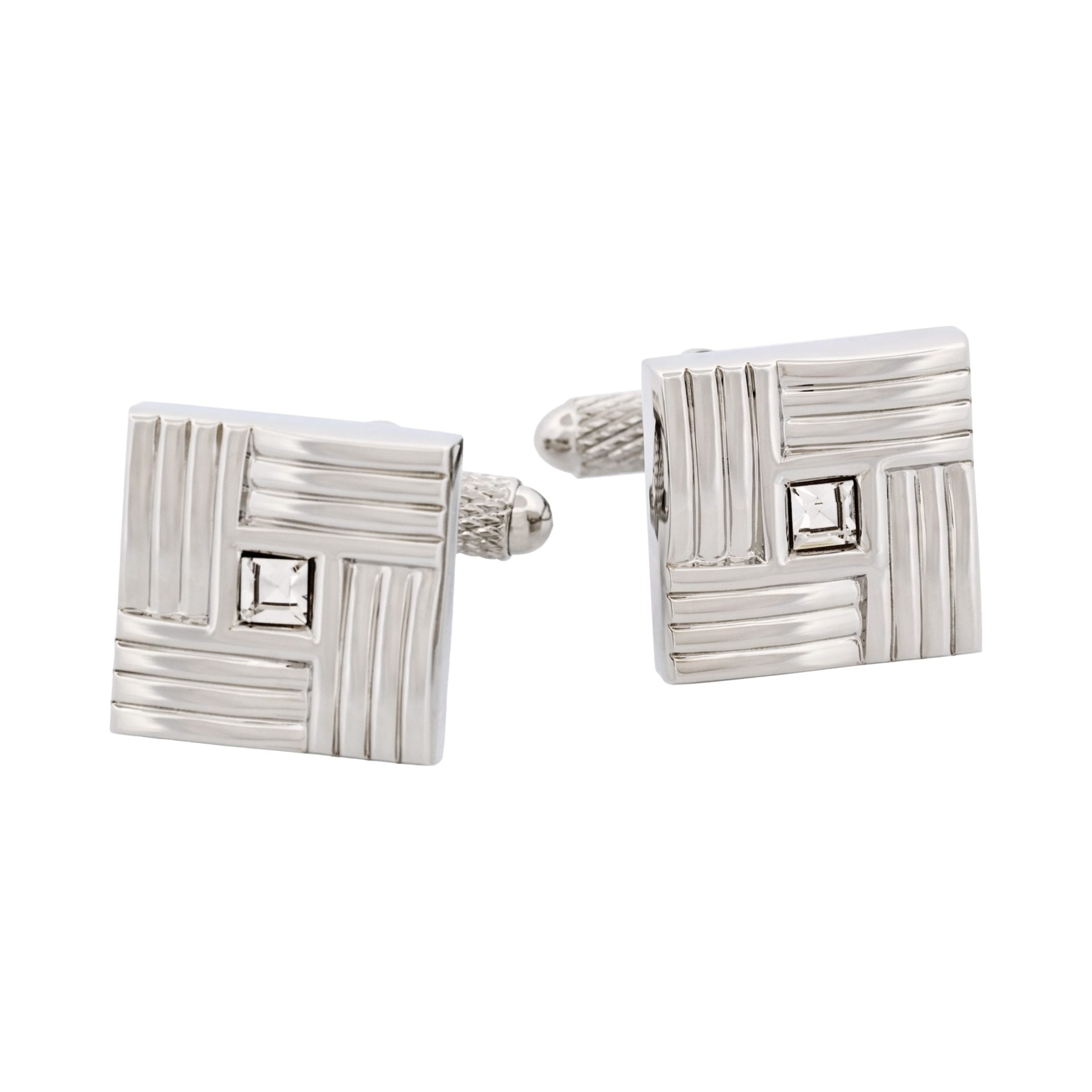 Rhodium Plated Square Patterned with Crystal Centre Cufflinks