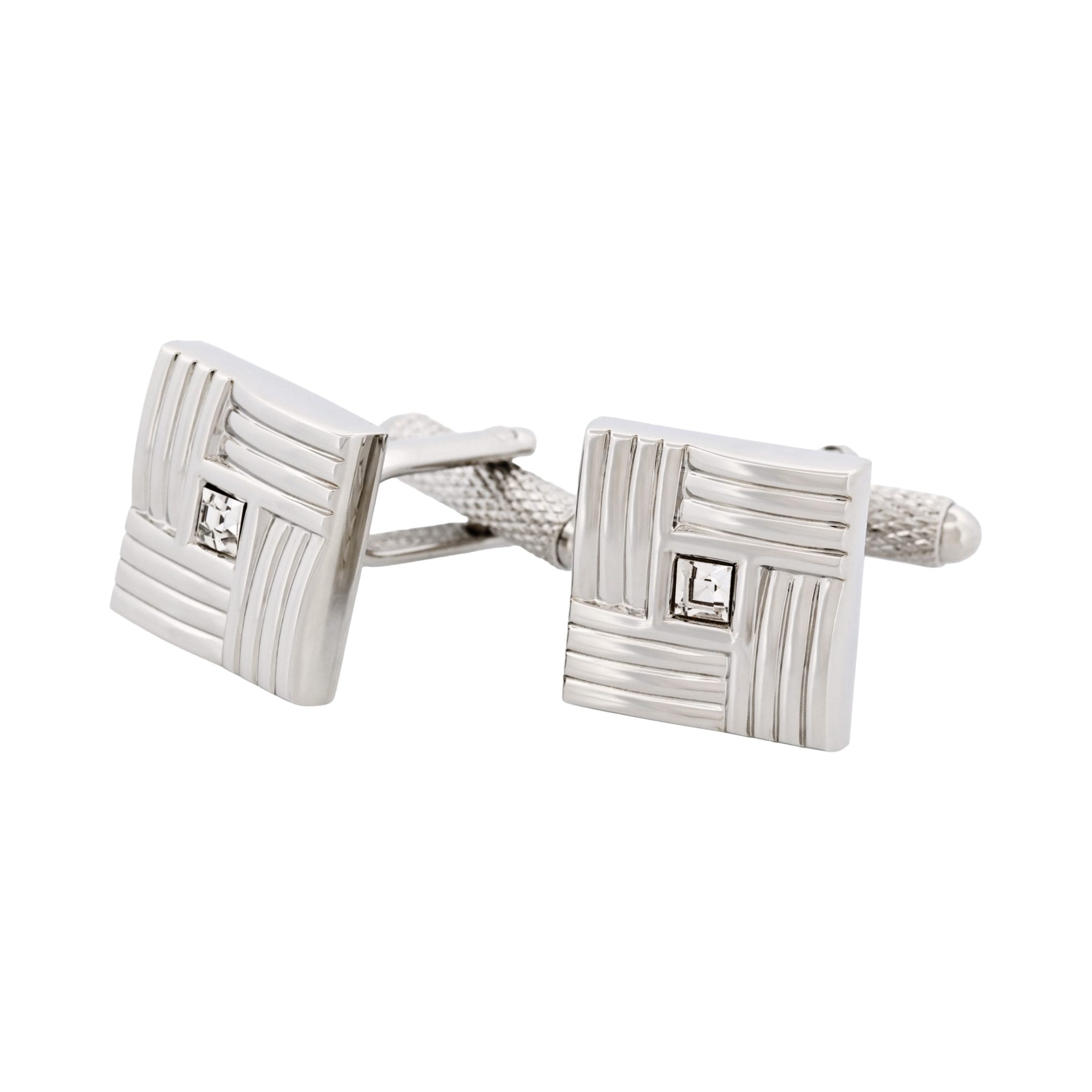 Rhodium Plated Square Patterned with Crystal Centre Cufflinks