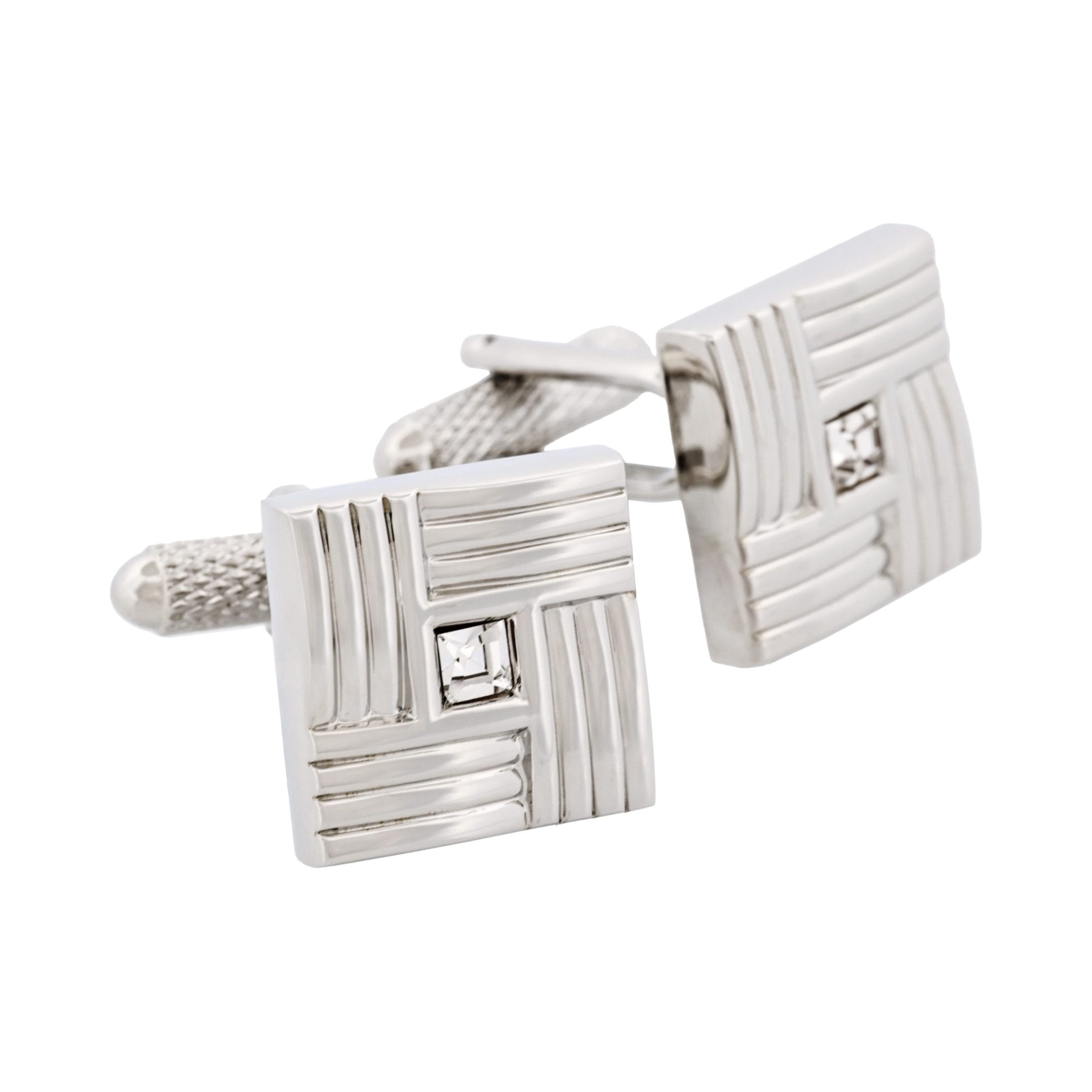Rhodium Plated Square Patterned with Crystal Centre Cufflinks