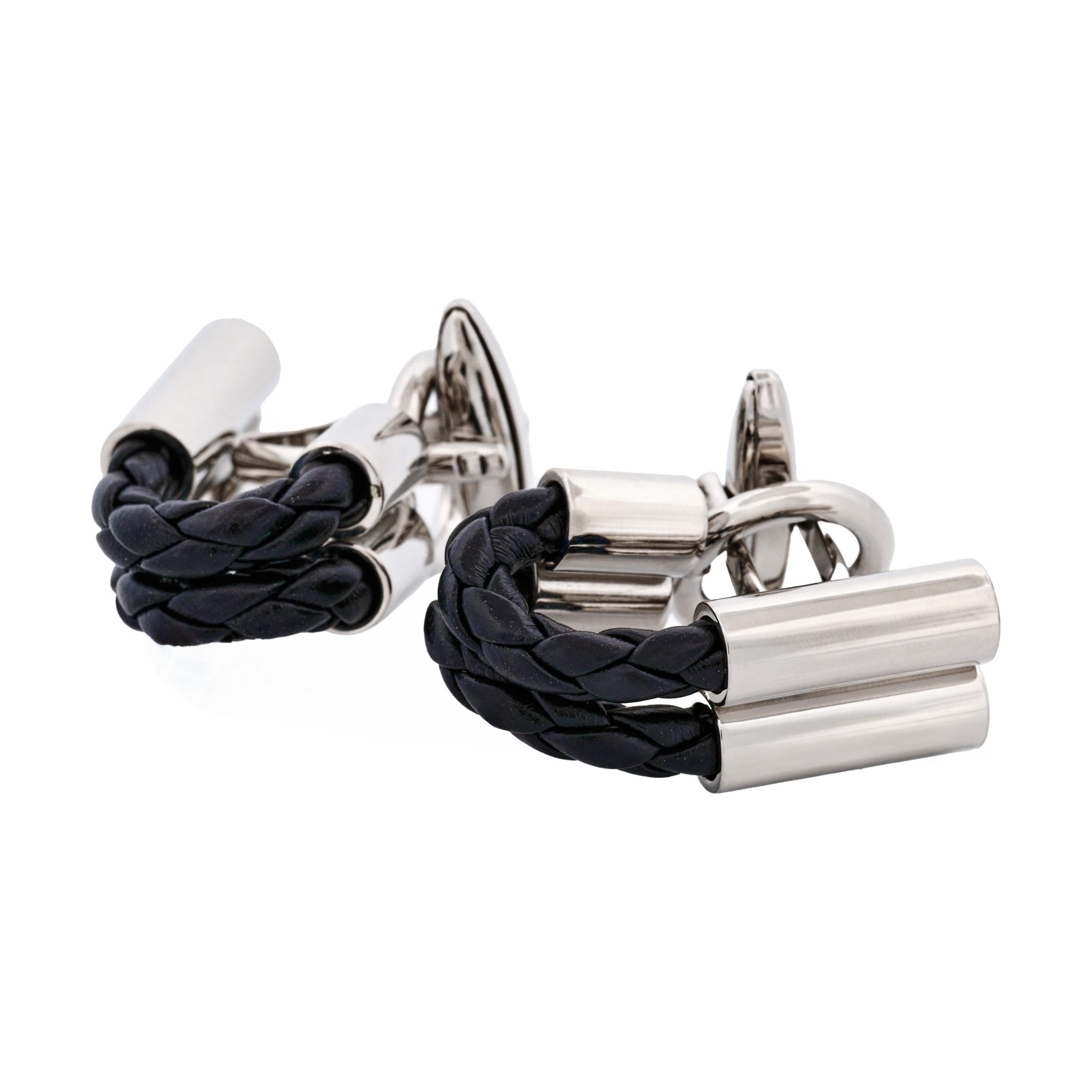Black Leather & Rhodium Wraparound Cufflinks
