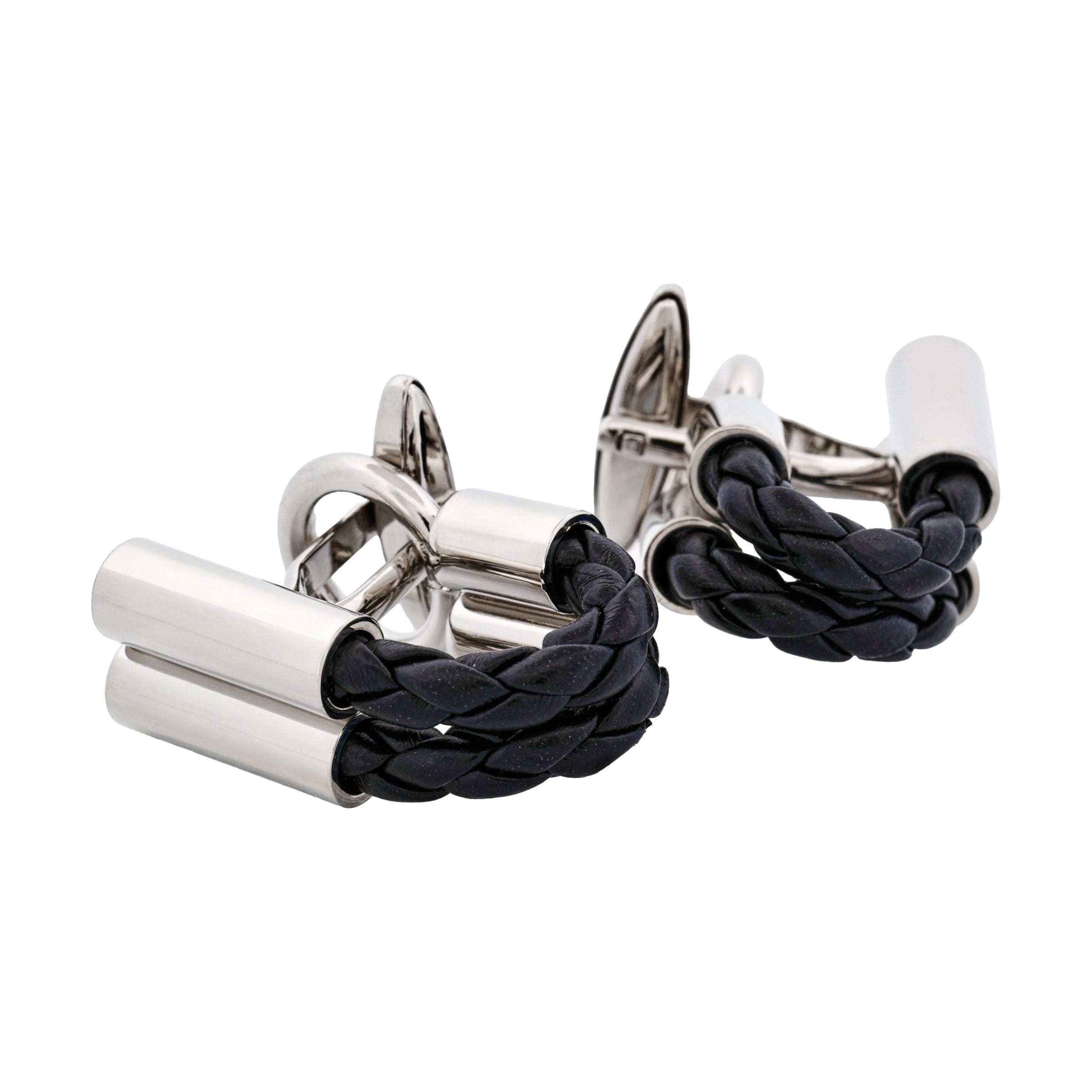 Black Leather & Rhodium Wraparound Cufflinks