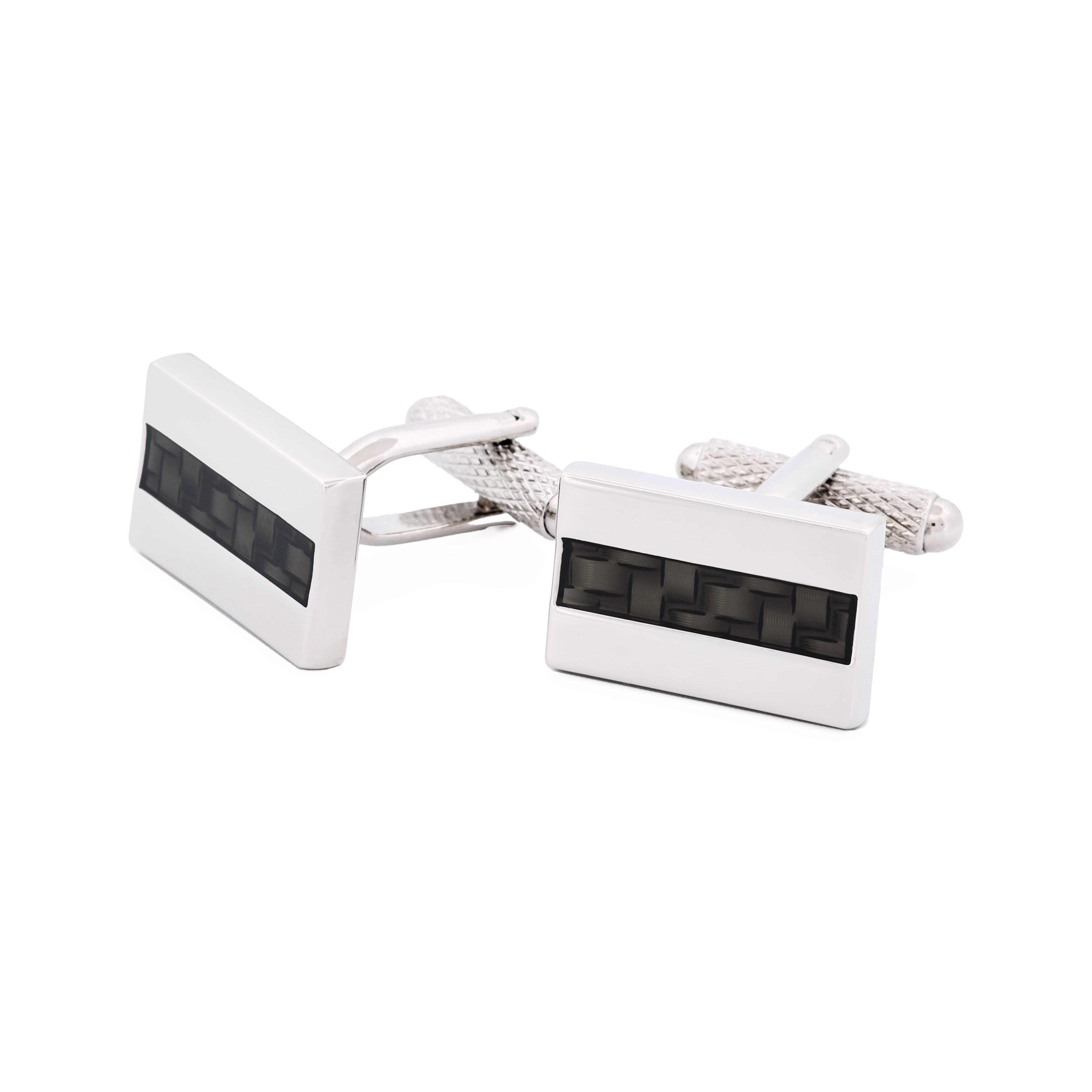 Rhodium Plated Rectangle Carbon Fibre Inlay Cufflinks