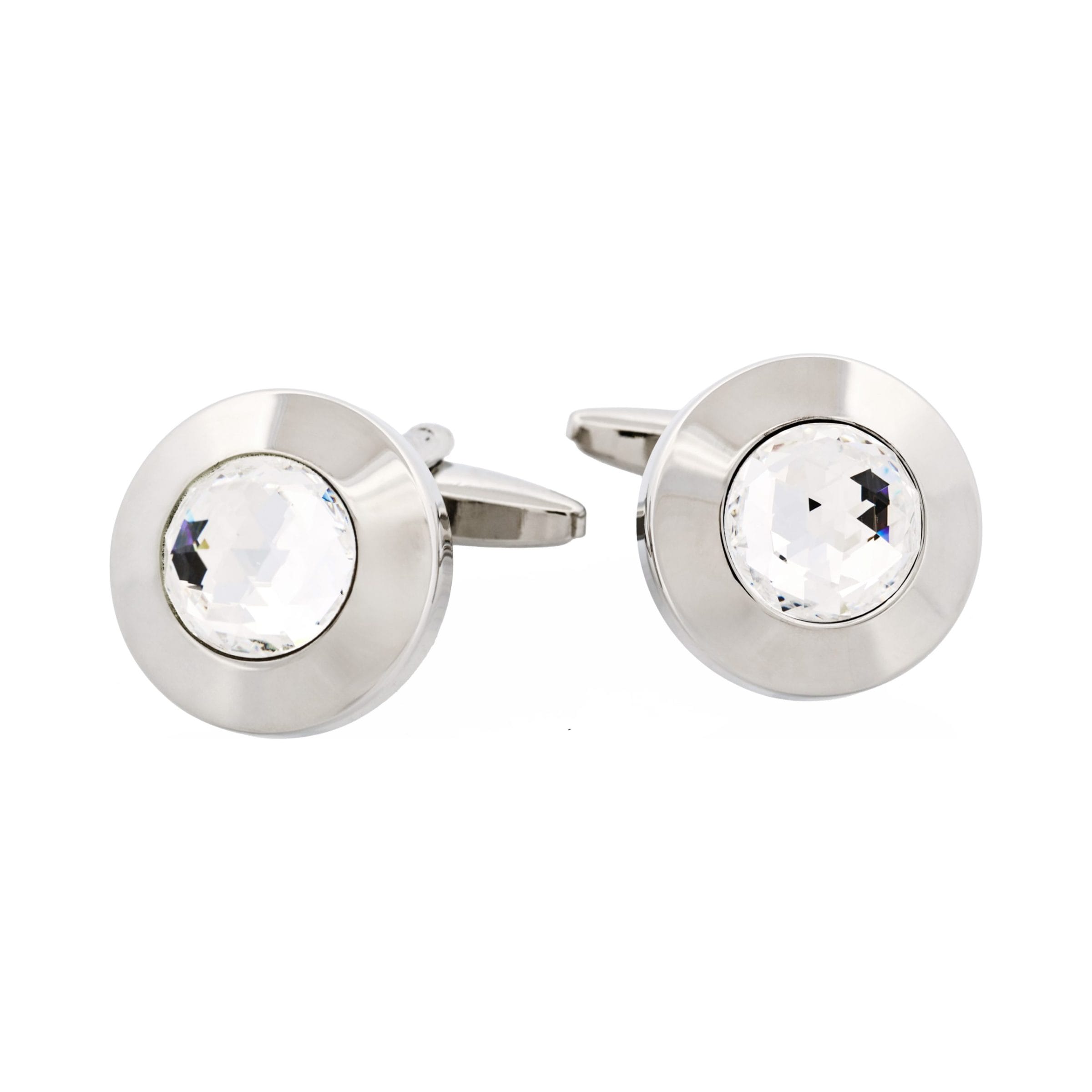 Polished Rhodium Round Large Crystal Centre Cufflinks