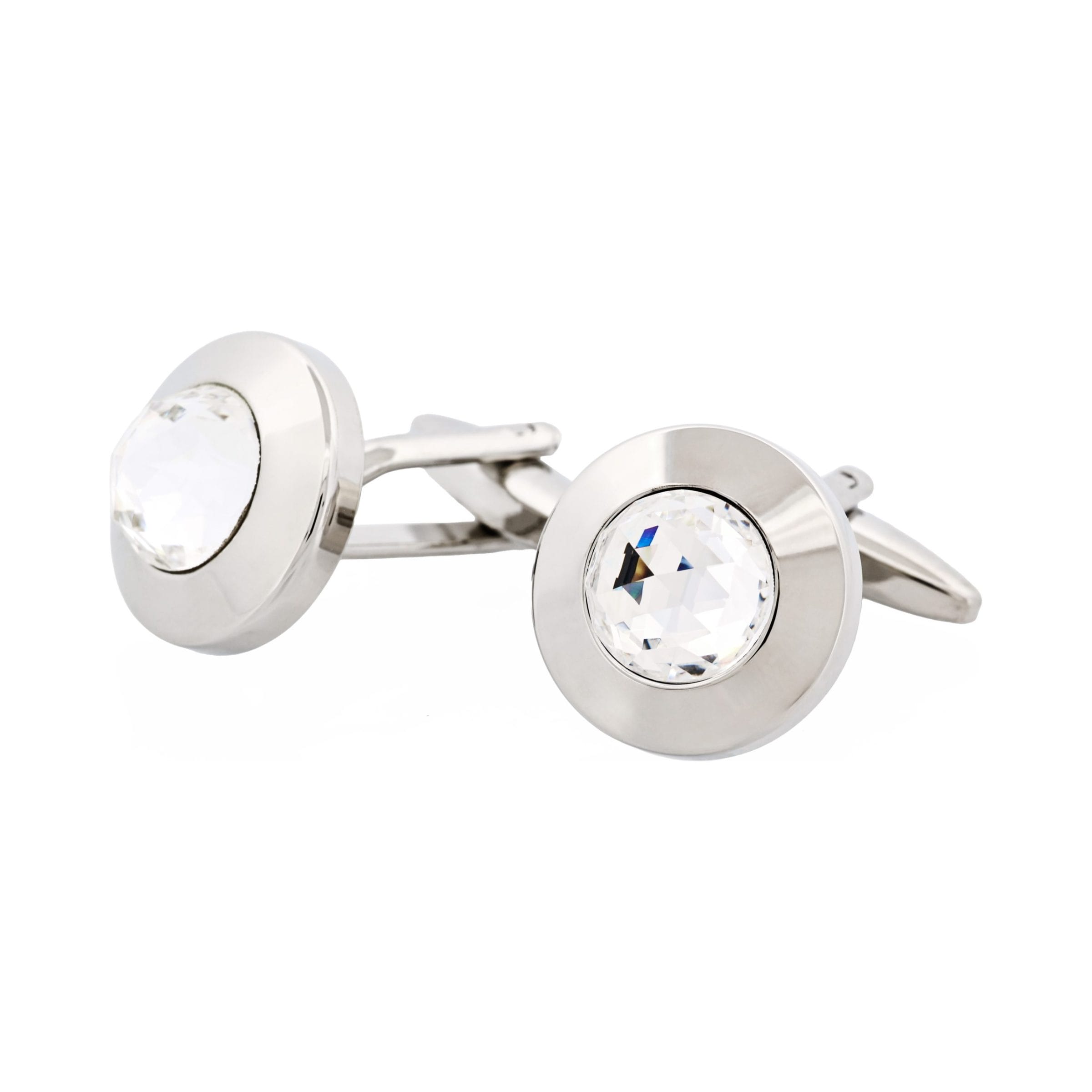 Polished Rhodium Round Large Crystal Centre Cufflinks