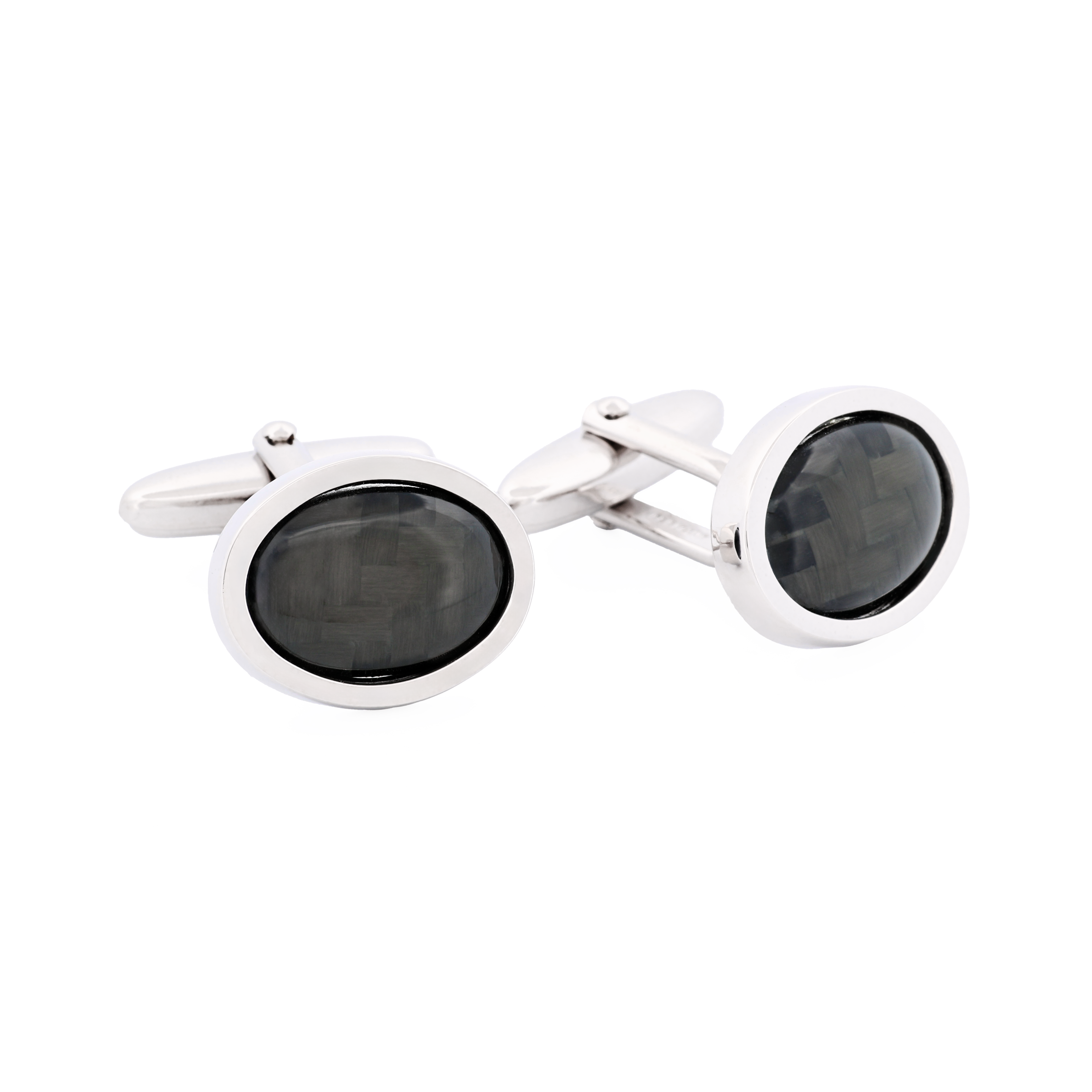Rhodium Plated Carbon Fibre Oval Cufflinks