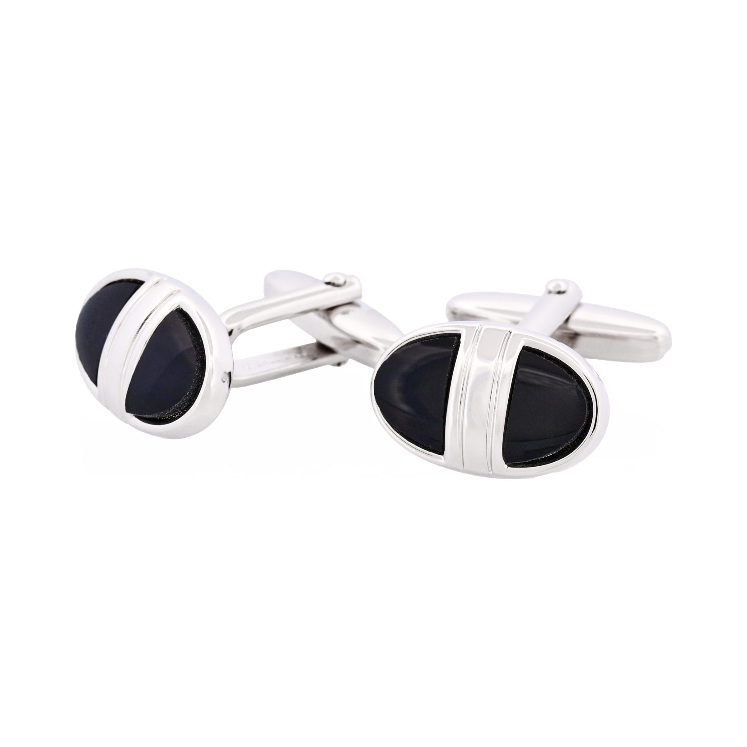 Polished Rhodium Plated & Black Enamel Oval Cufflinks