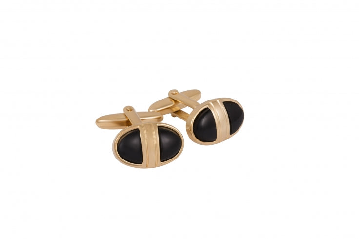 Polished Gold Plated & Black Enamel Oval Cufflinks