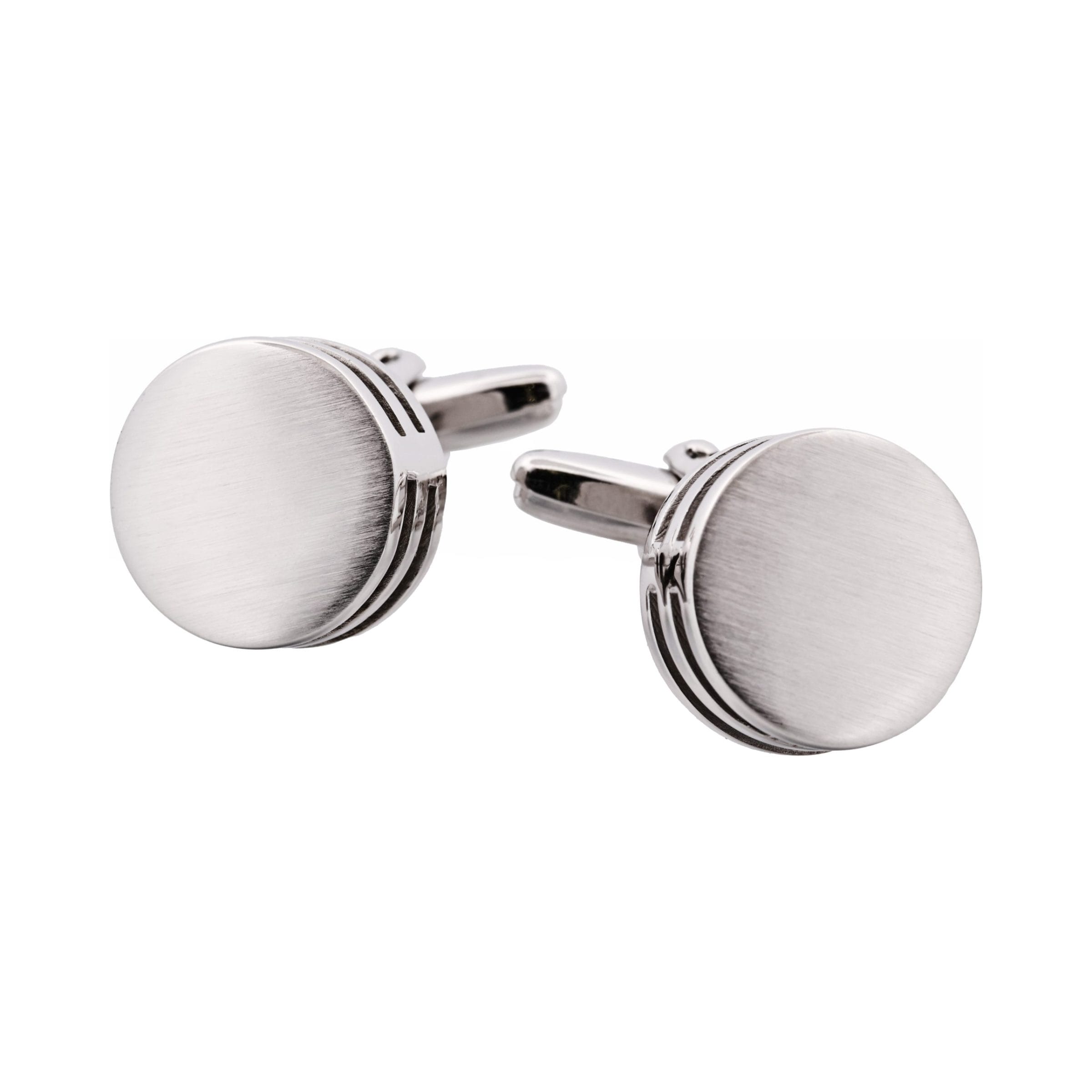 Brushed Rhodium Plated Round & Black Enamel Side Stripe Cufflinks