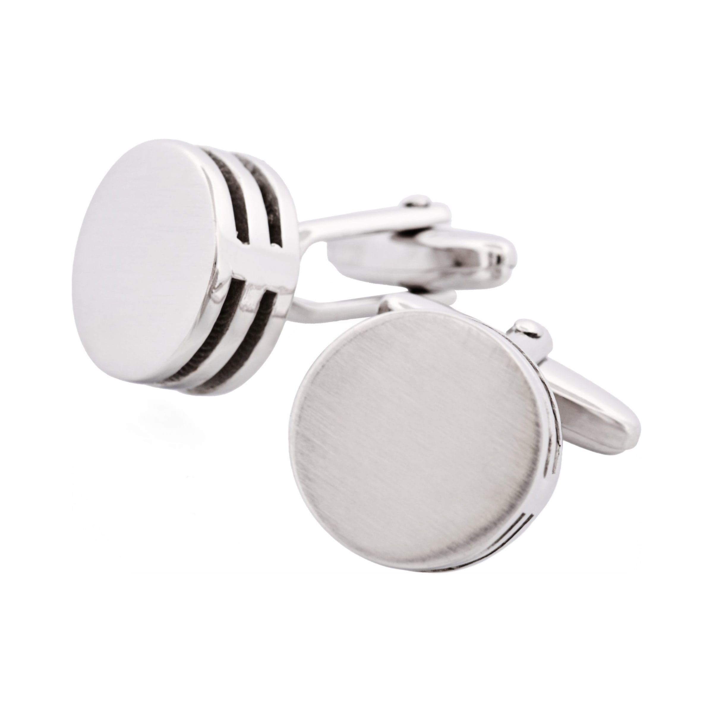 Brushed Rhodium Plated Round & Black Enamel Side Stripe Cufflinks