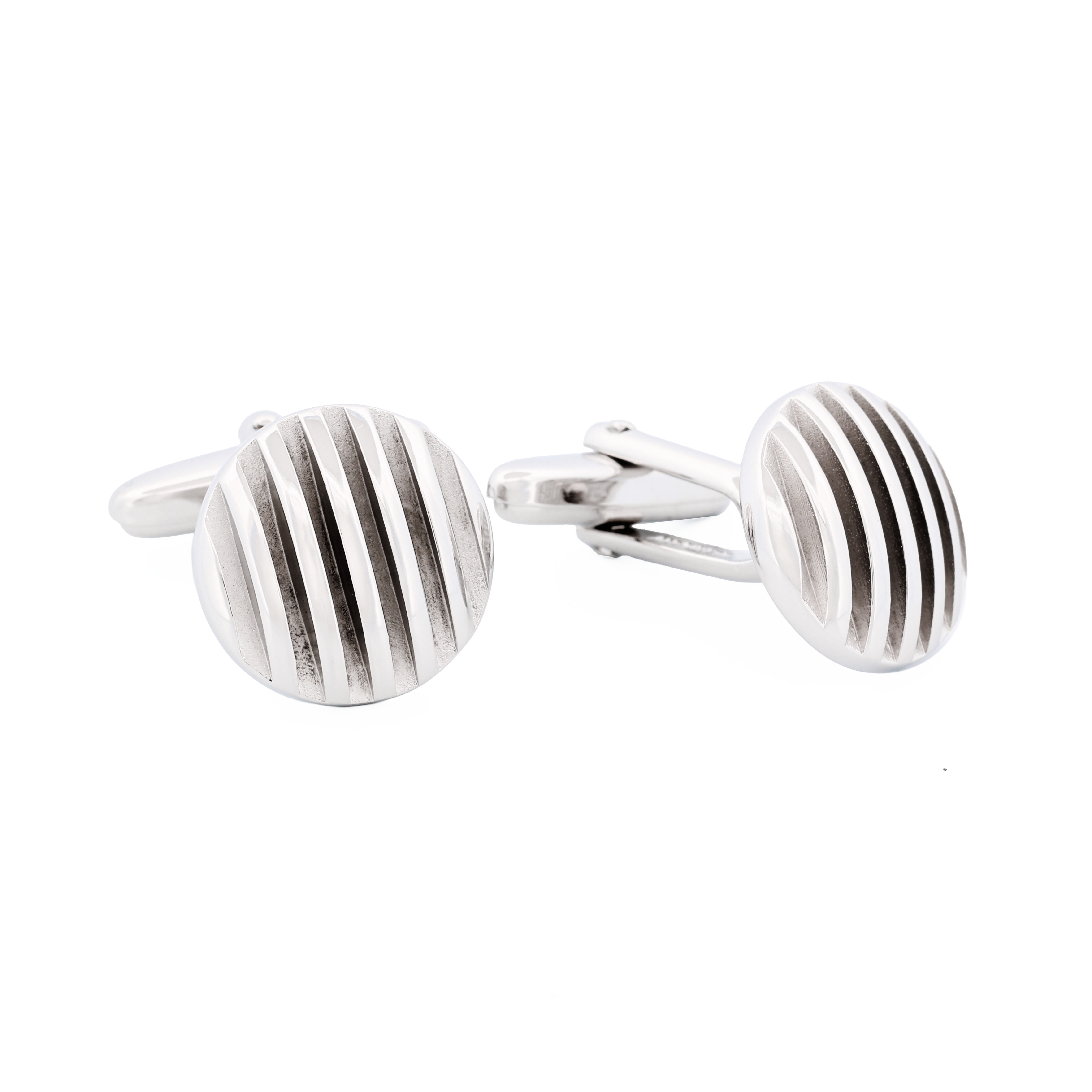 Rhodium Plated Self Striped 3d Round Cufflinks