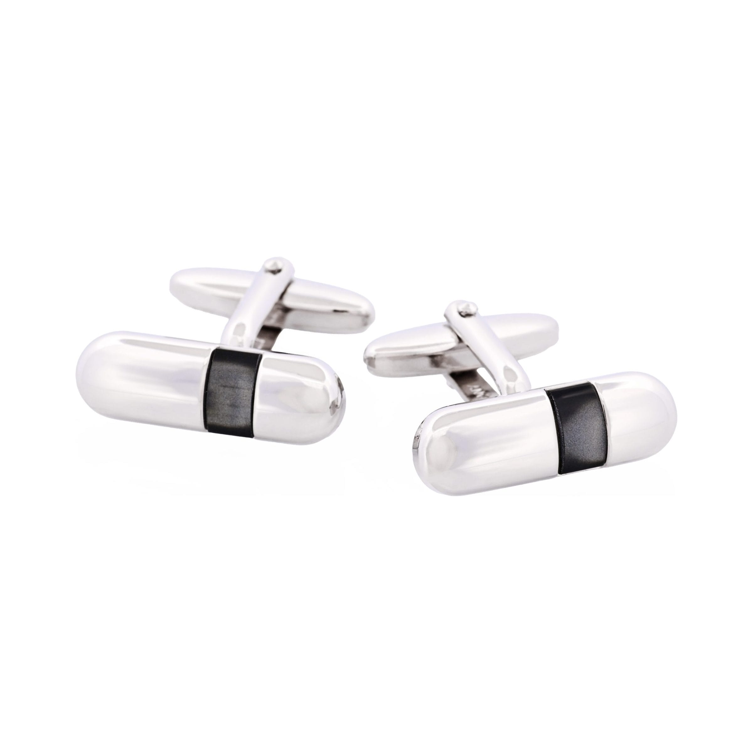 Polished Rhodium Plated Pill Shape with Grey Cat's Eye Cufflinks