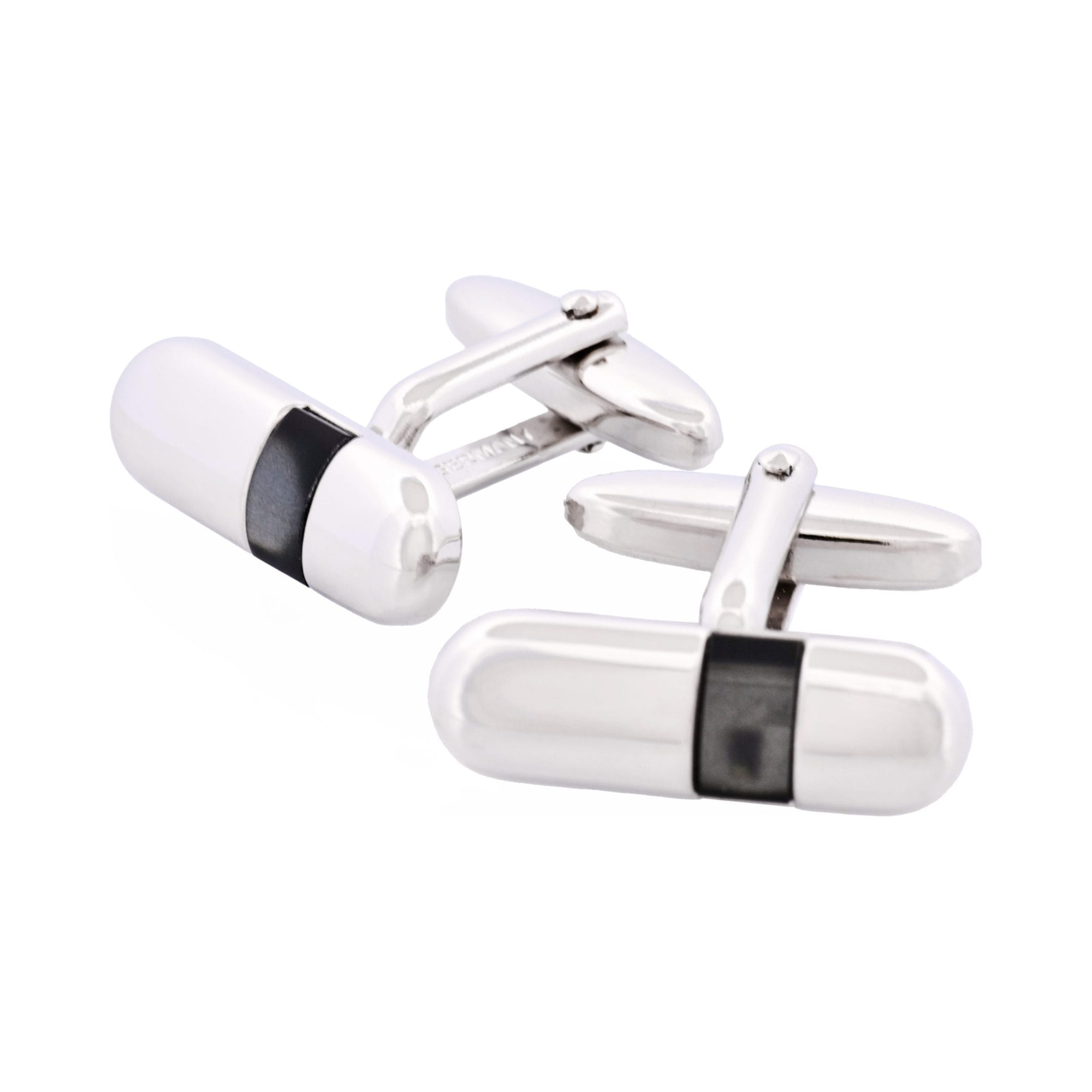 Polished Rhodium Plated Pill Shape with Grey Cat's Eye Cufflinks