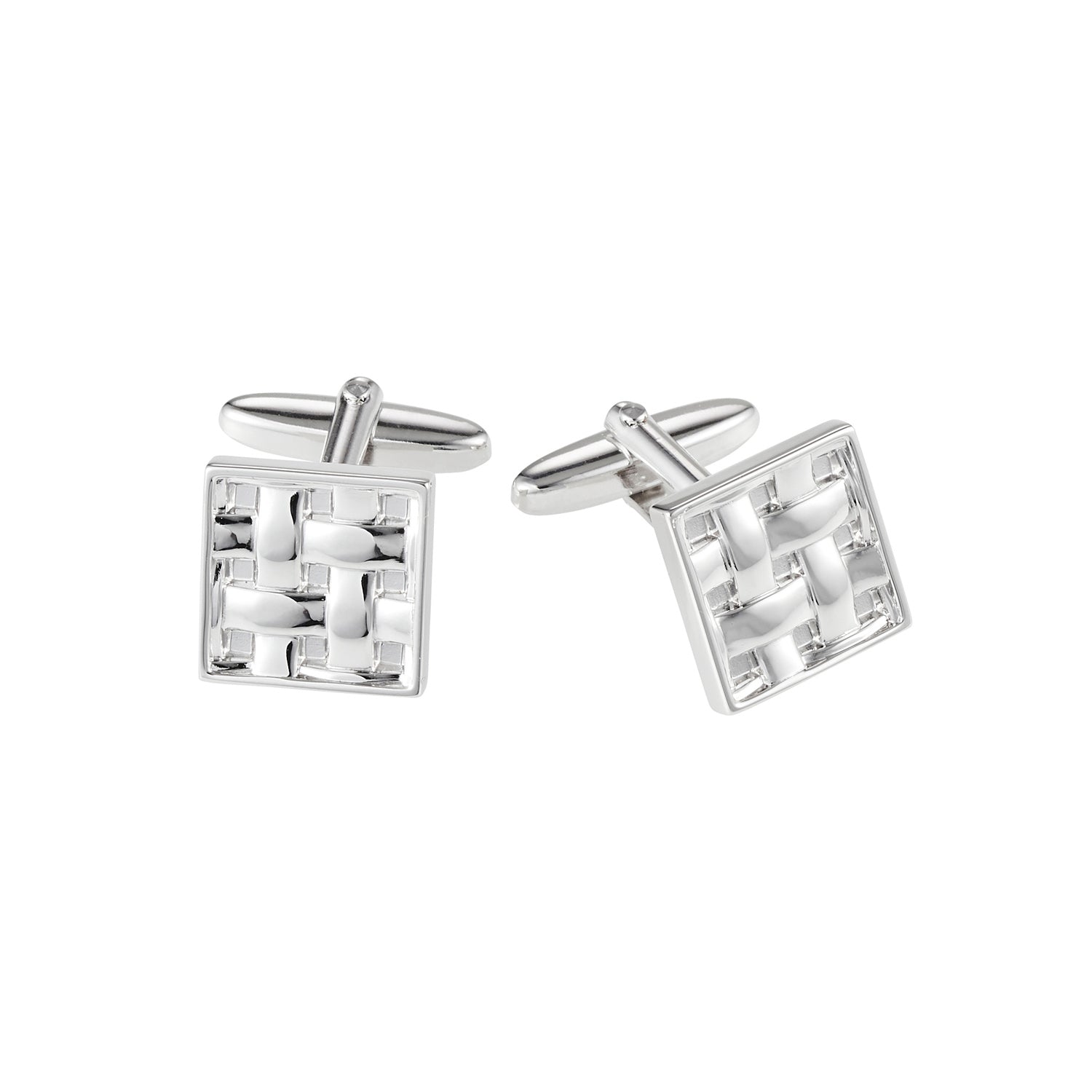 Brushed & Polished Rhodium Plated Square Weave Patterned Cufflinks