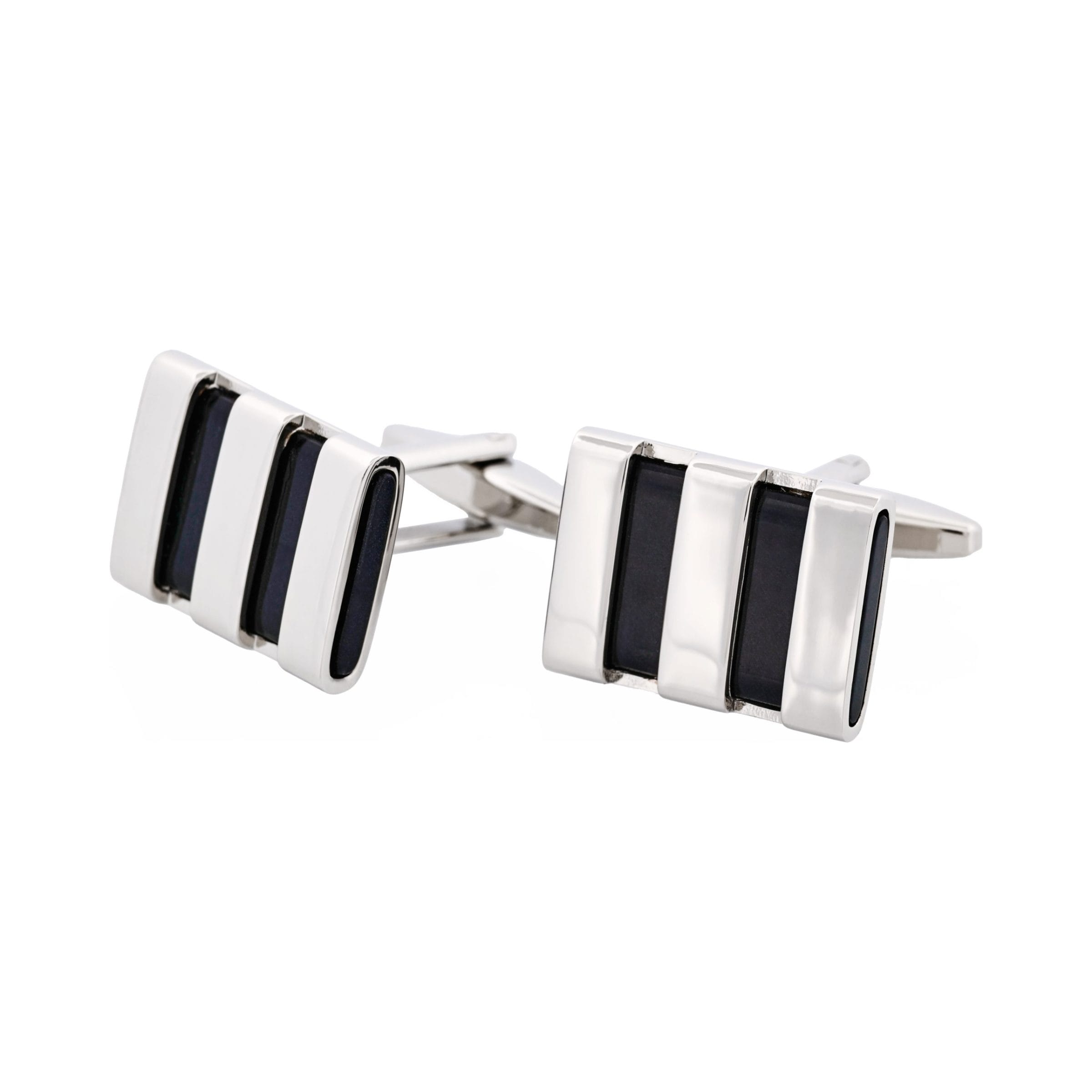 Polished Rhodium Plated Striped Onyx Cufflinks