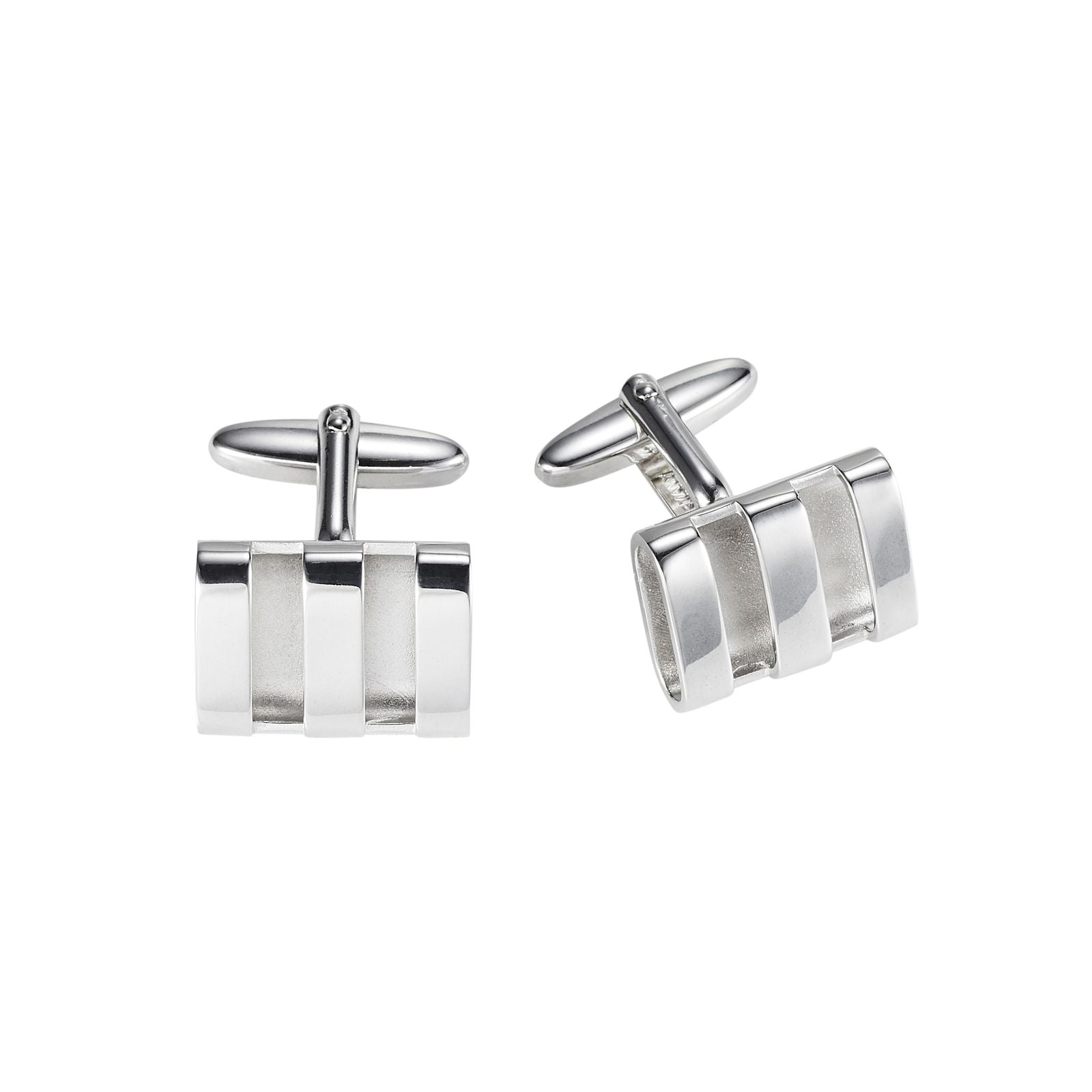 Polished & Raw Rhodium Plated Hollow Triple Band Rectangle Cufflinks