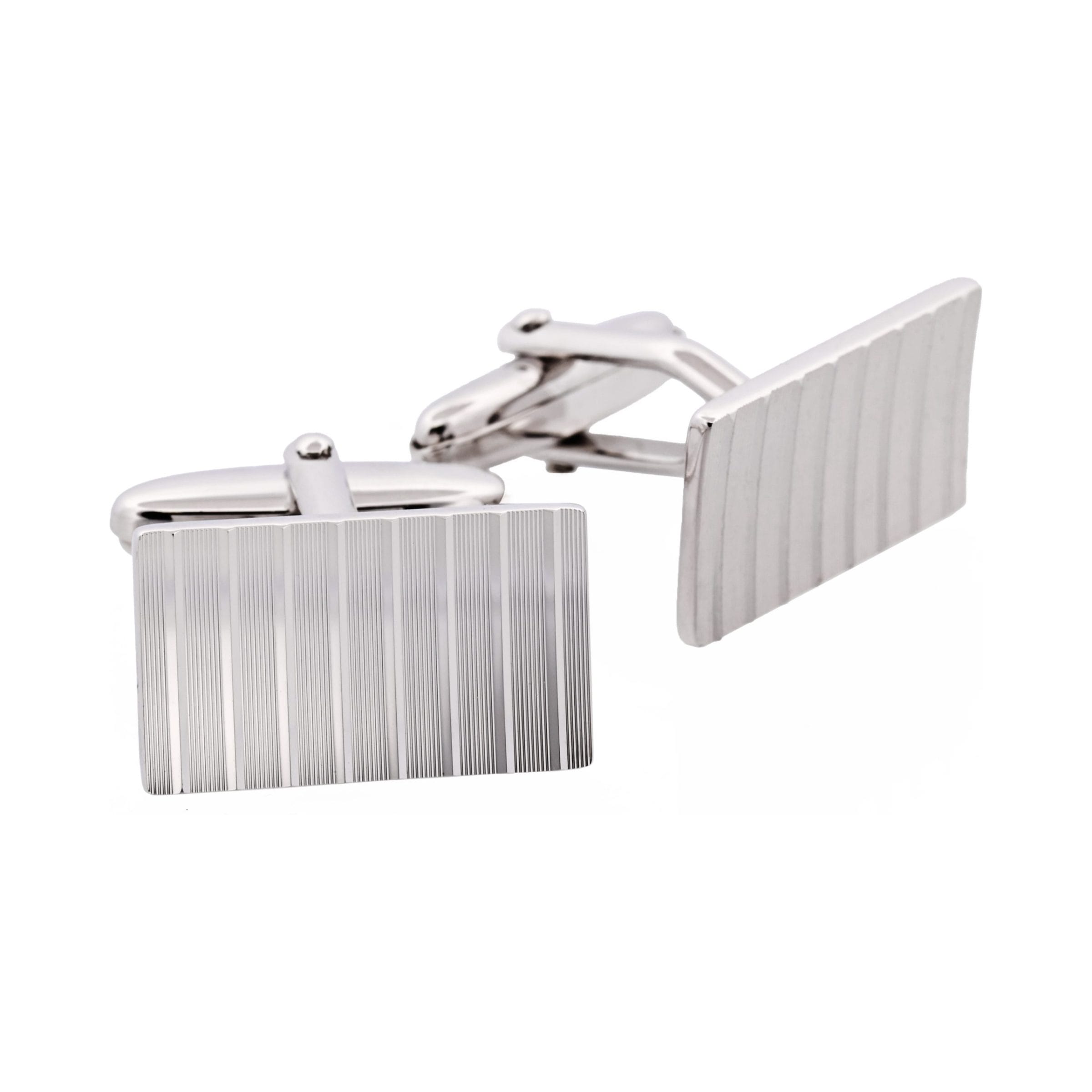 Brushed Rhodium Plated Diamond Cut Striped Rectangle Cufflinks