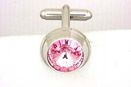 Rhodium plated/Rose Quartz Crystal Round Cufflinks
