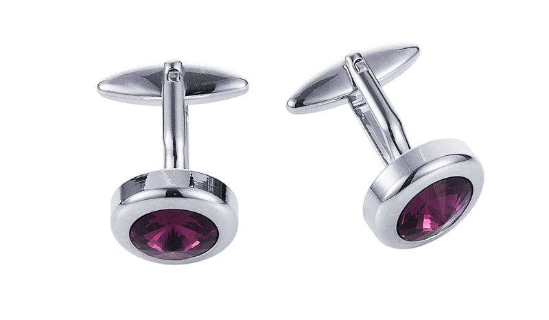 Rhodium plated/Rose Quartz Crystal Round Cufflinks