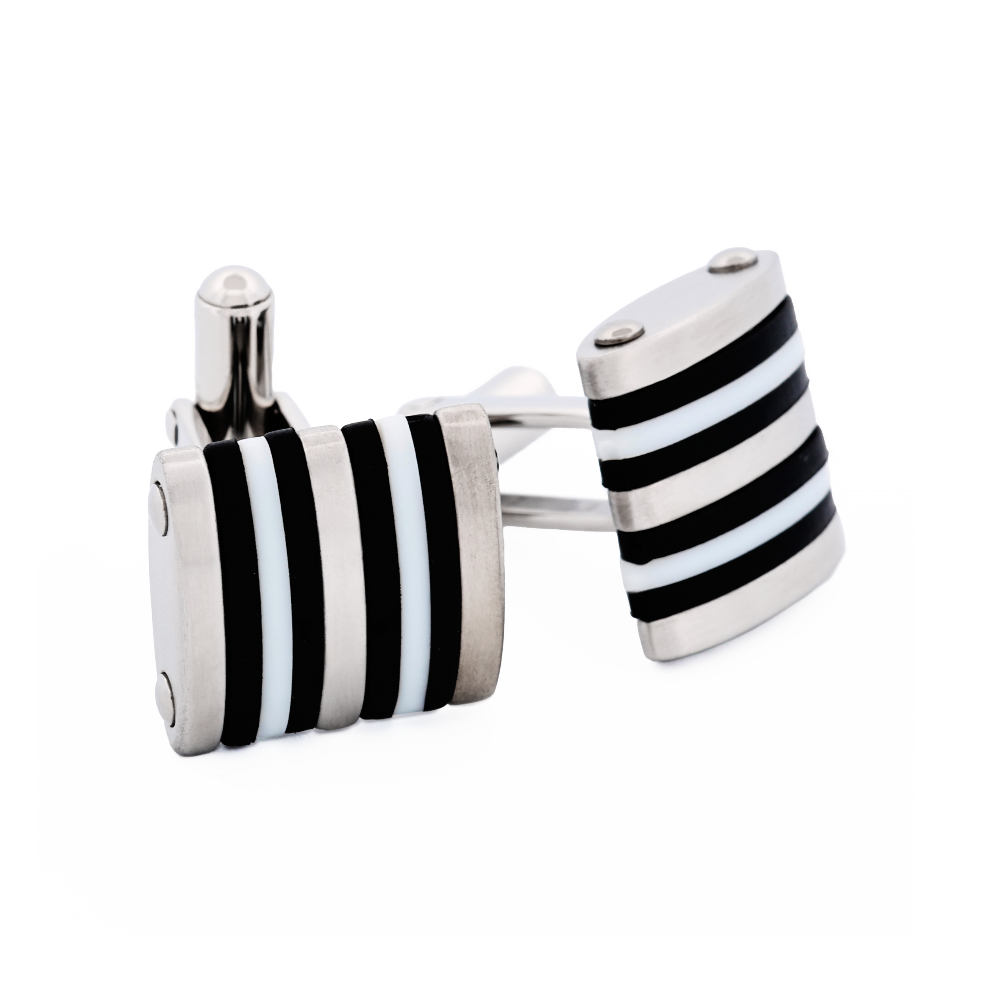 Brushed Stainless Steel Curved Face Cufflinks with Black & White Rubber