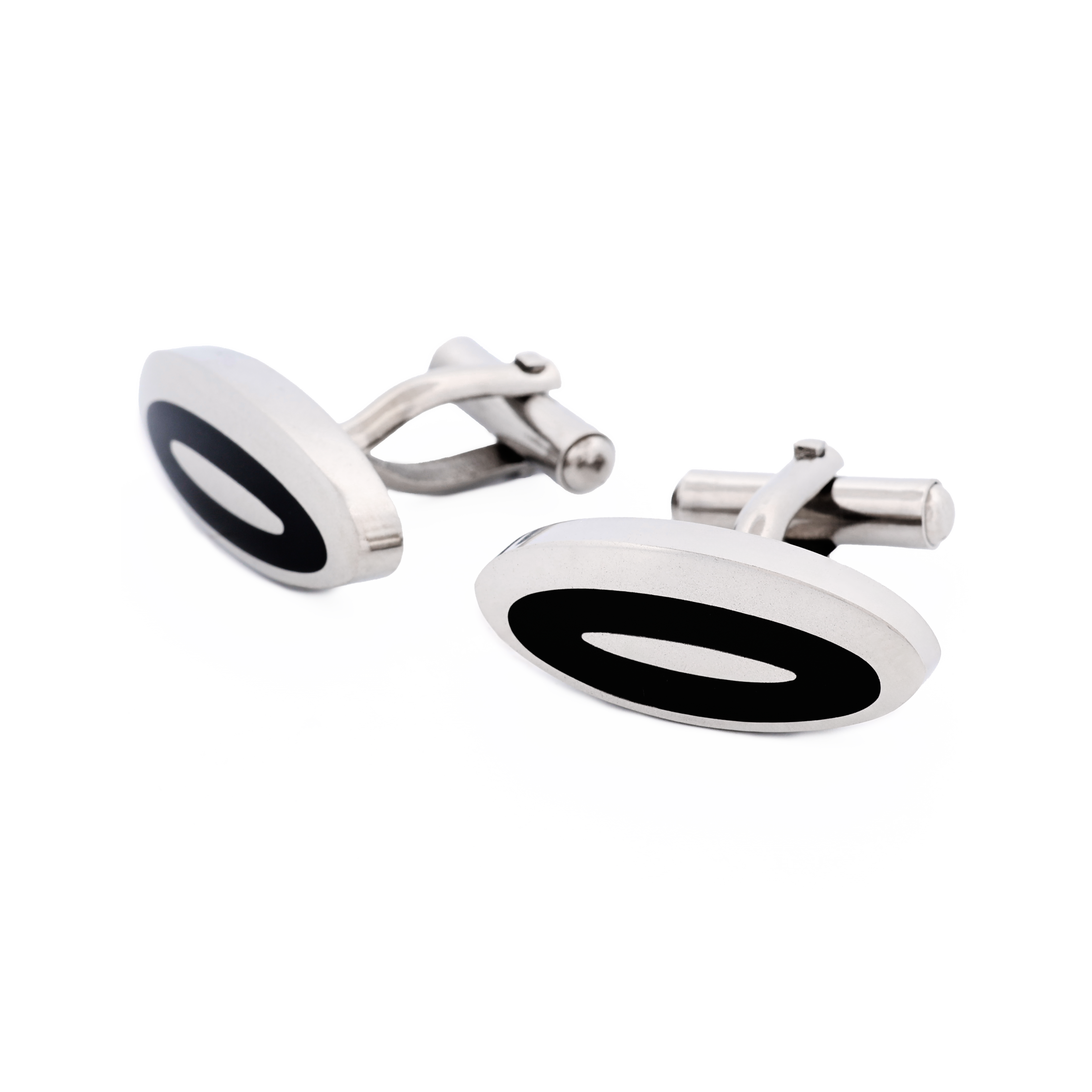 Polished Oval Stainless Steel & Black Enamel Cufflinks