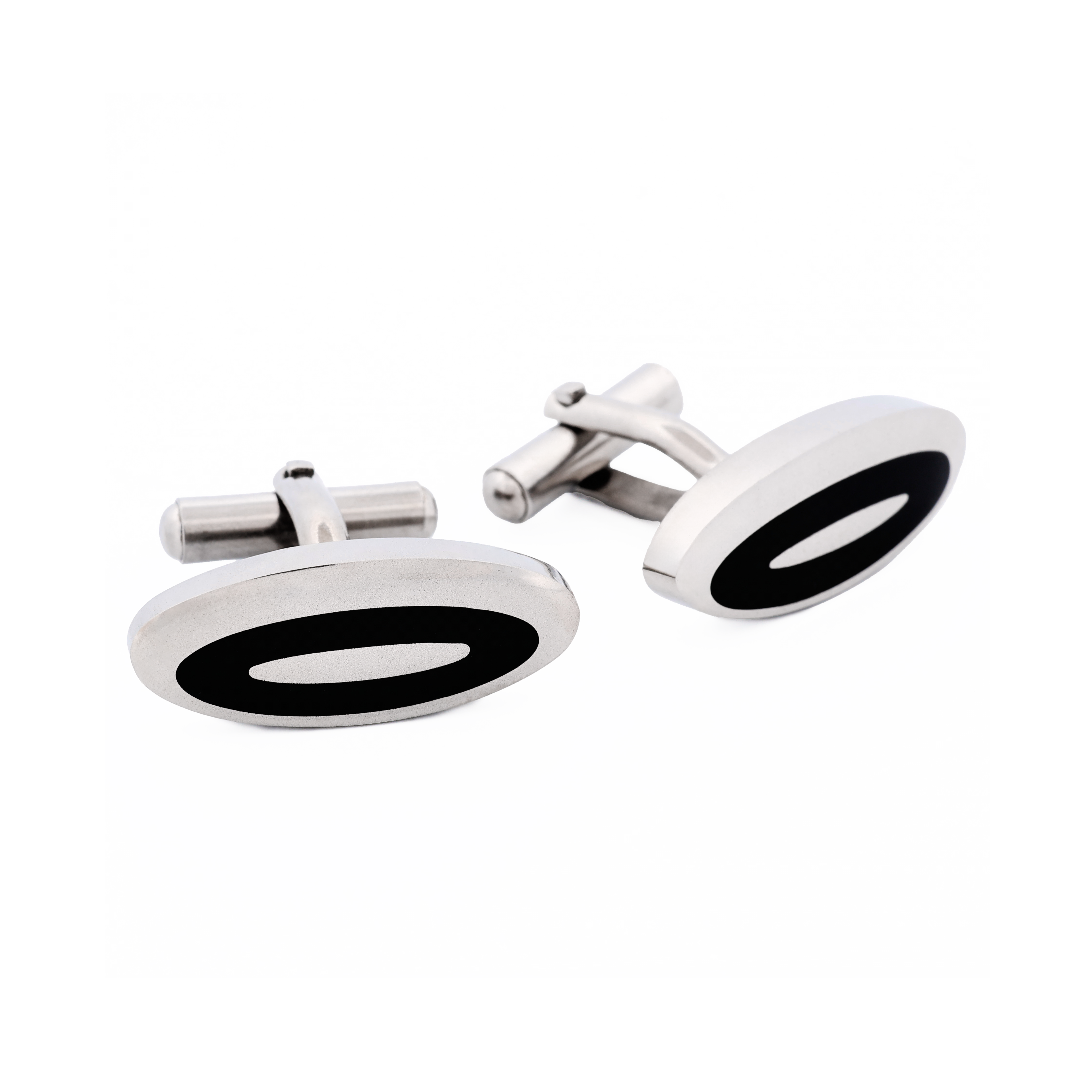 Polished Oval Stainless Steel & Black Enamel Cufflinks